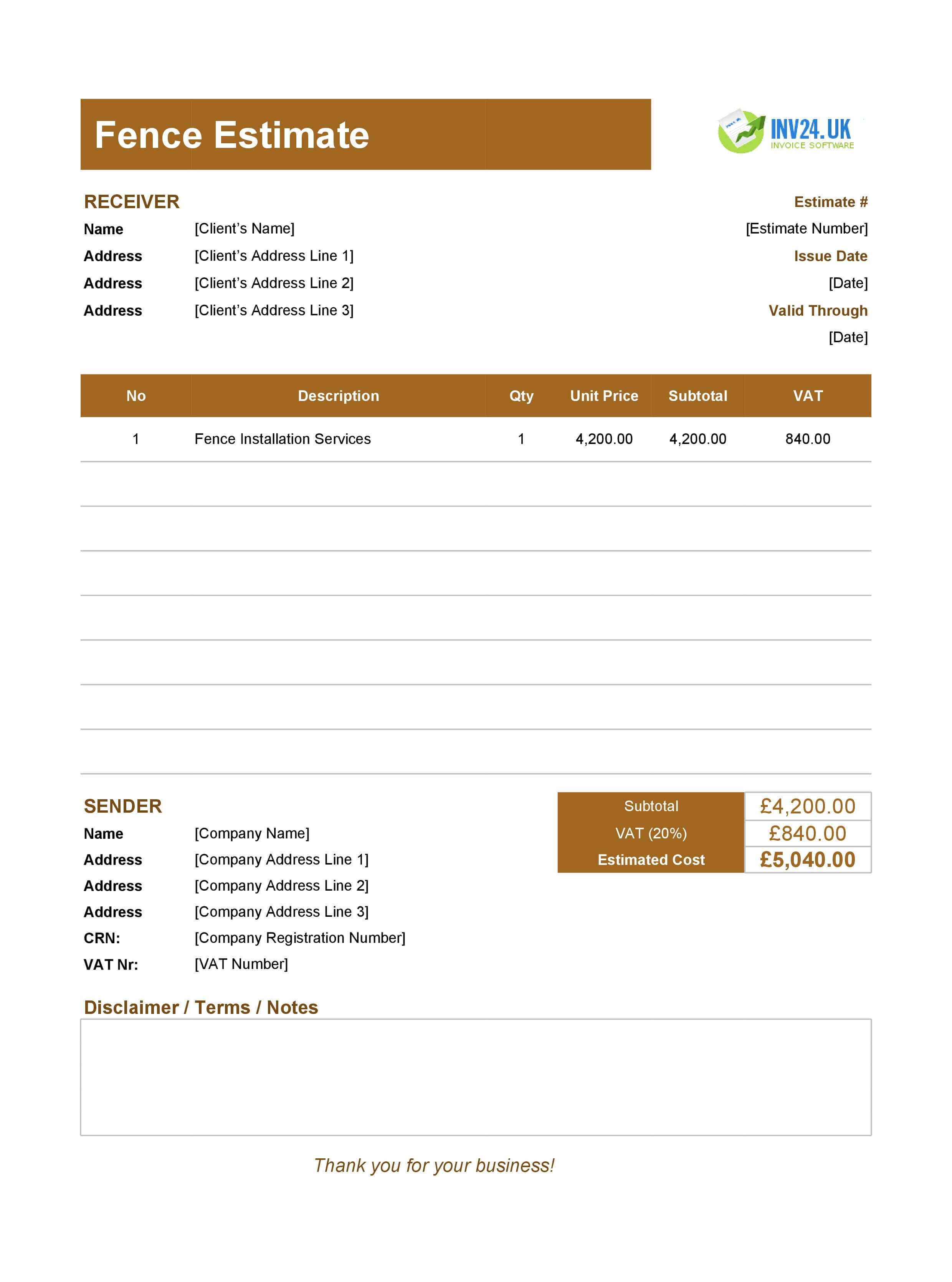 Fence Estimate Template for UK (Excel / Google Sheets)