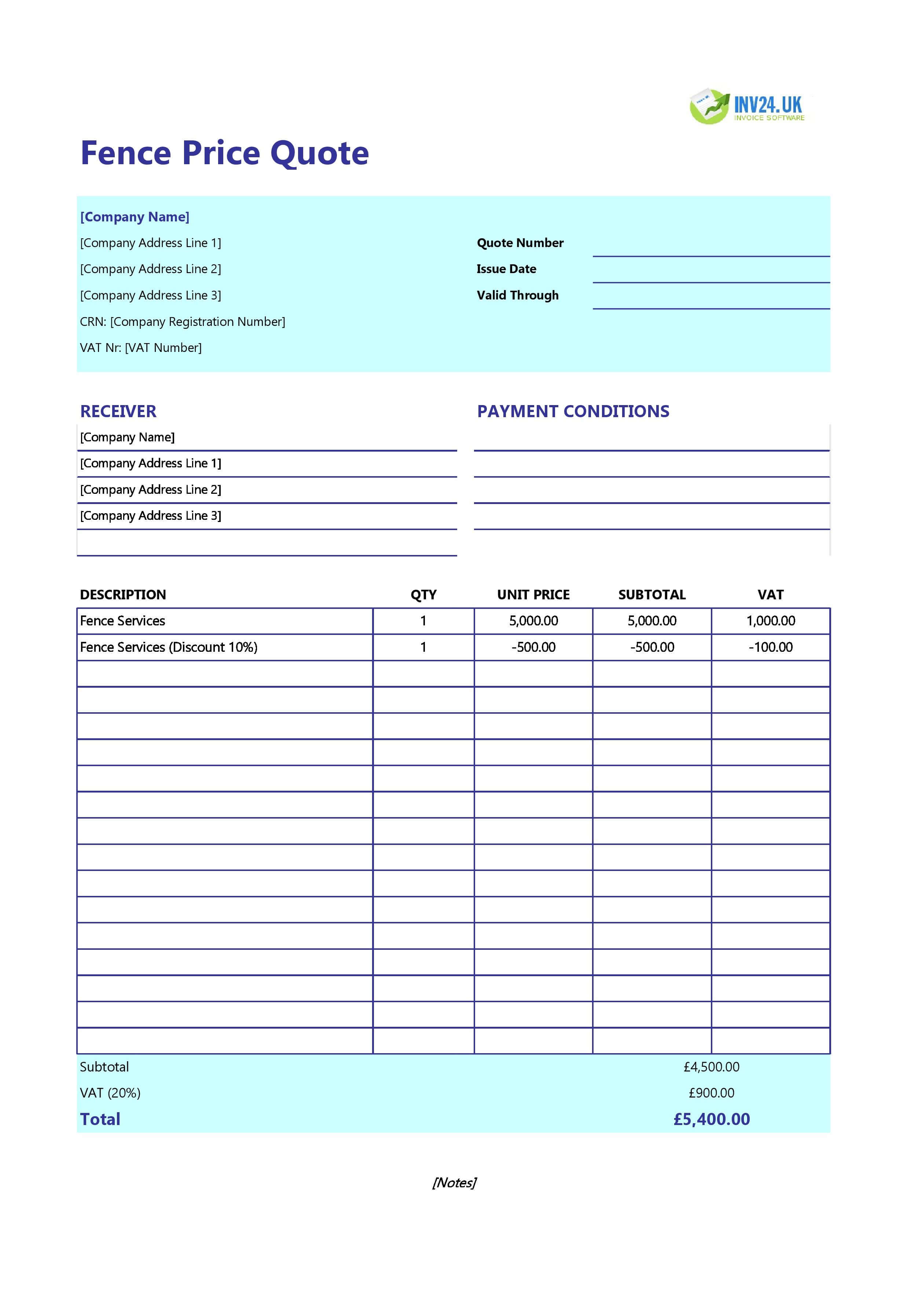 Fence Quote Template for UK (Excel / Google Sheets)