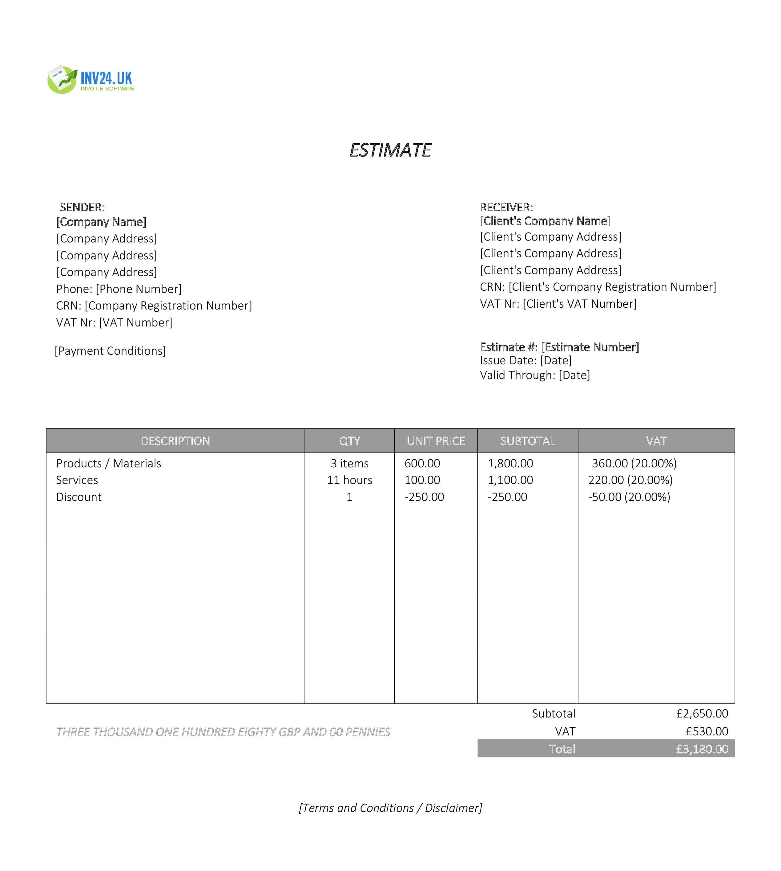 Formal Estimate Template for UK (Excel / Google Sheets)