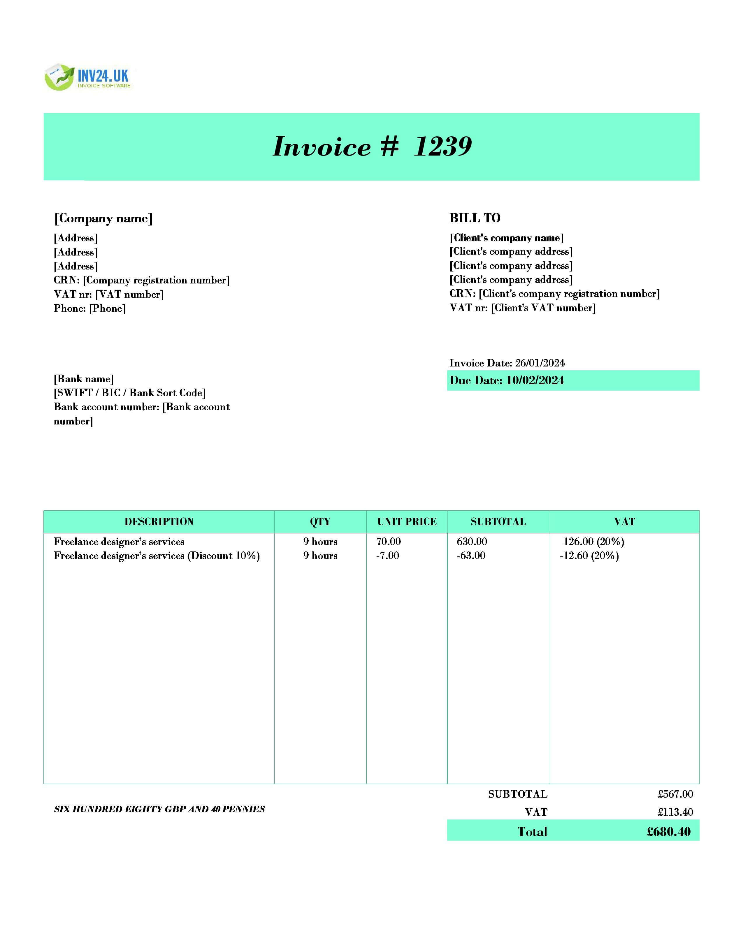 freelance designer invoice template UK