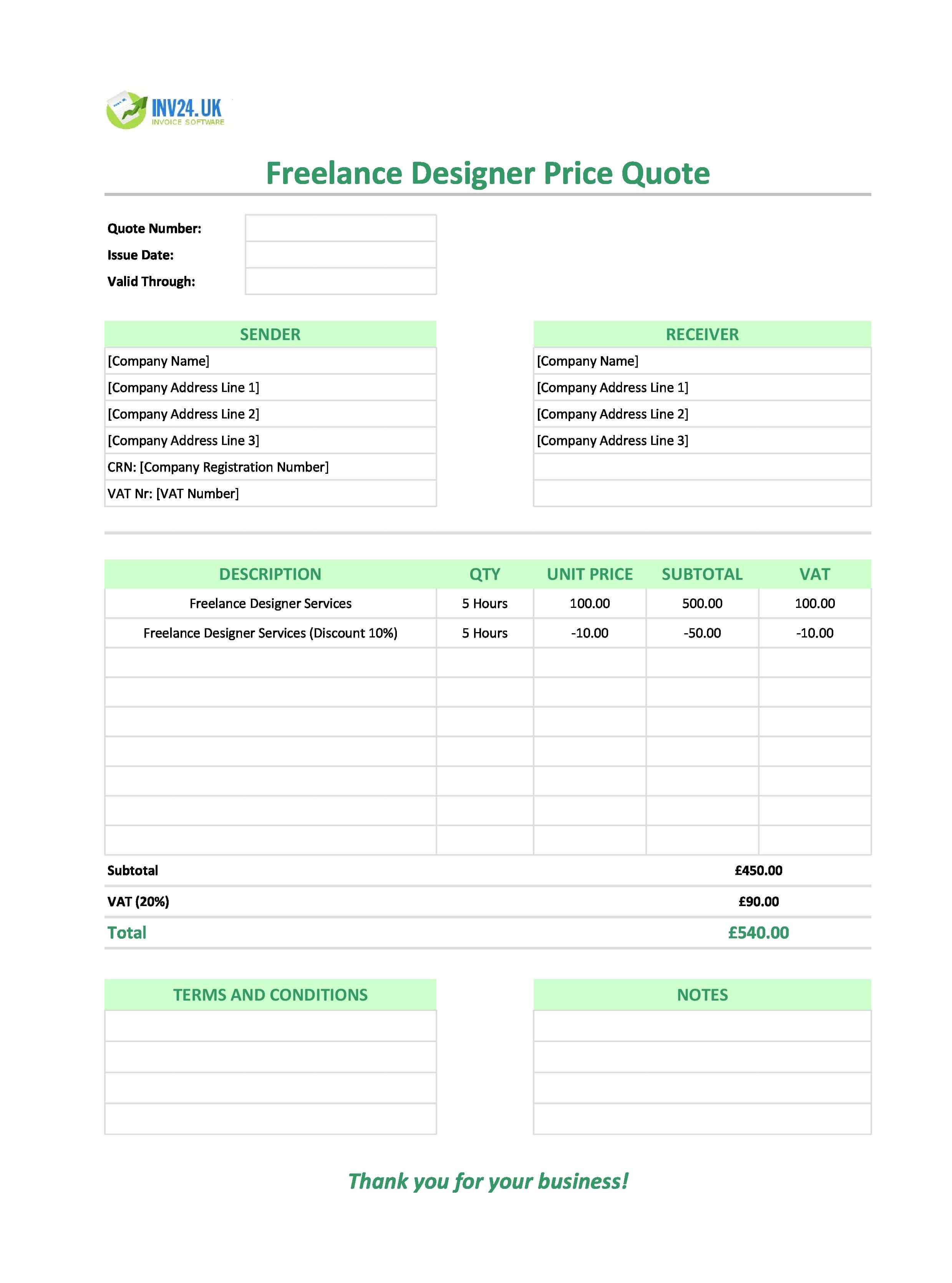 Freelance Designer Quote Template for UK (Excel / Google Sheets)