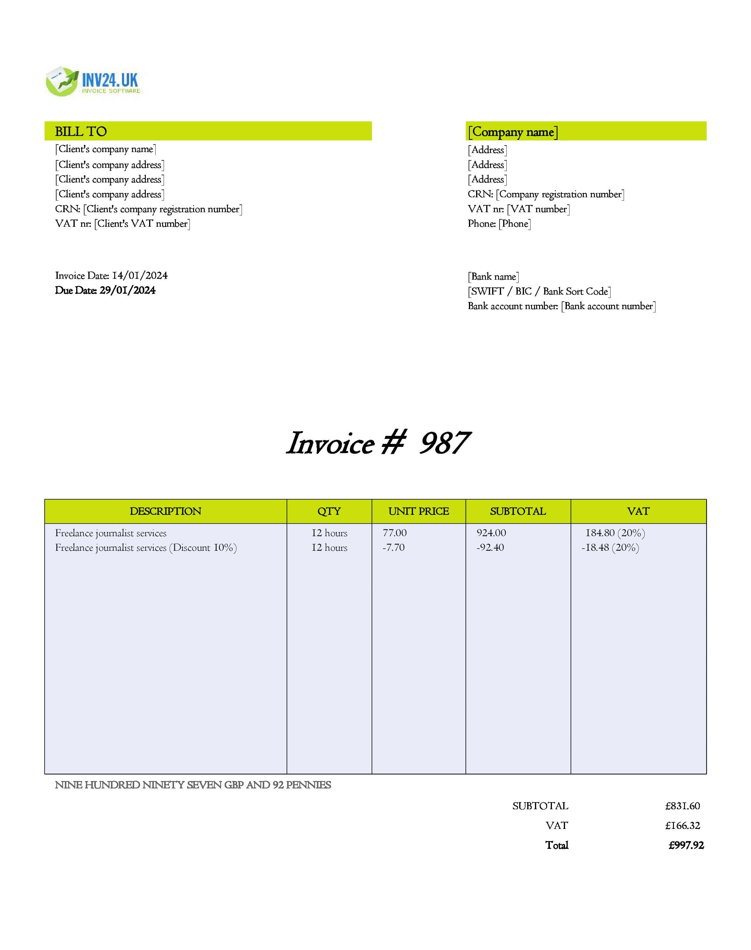 Freelance Journalist Invoice Template UK (Excel / Google Sheets)