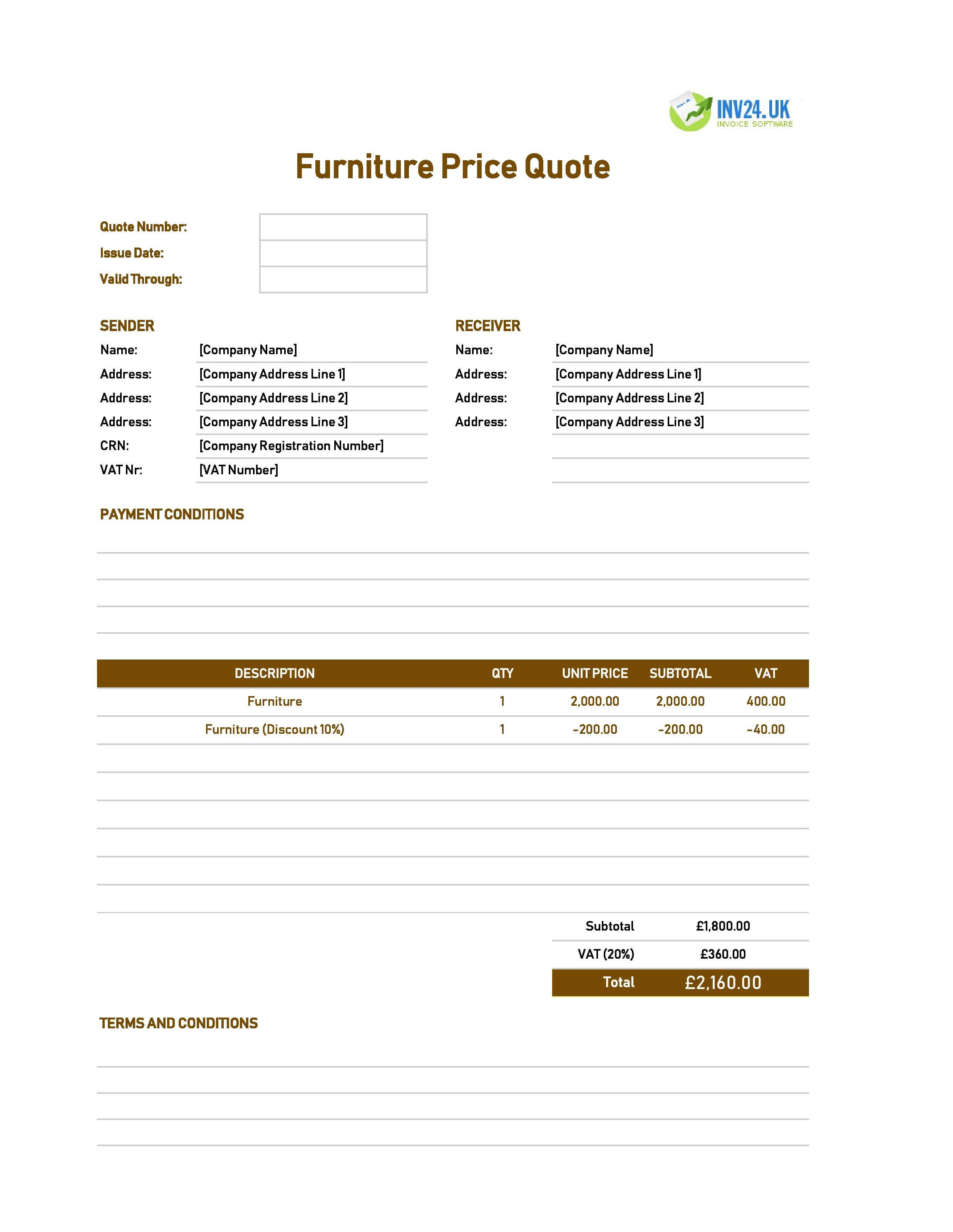 Furniture Quote Template for UK (Excel / Google Sheets)