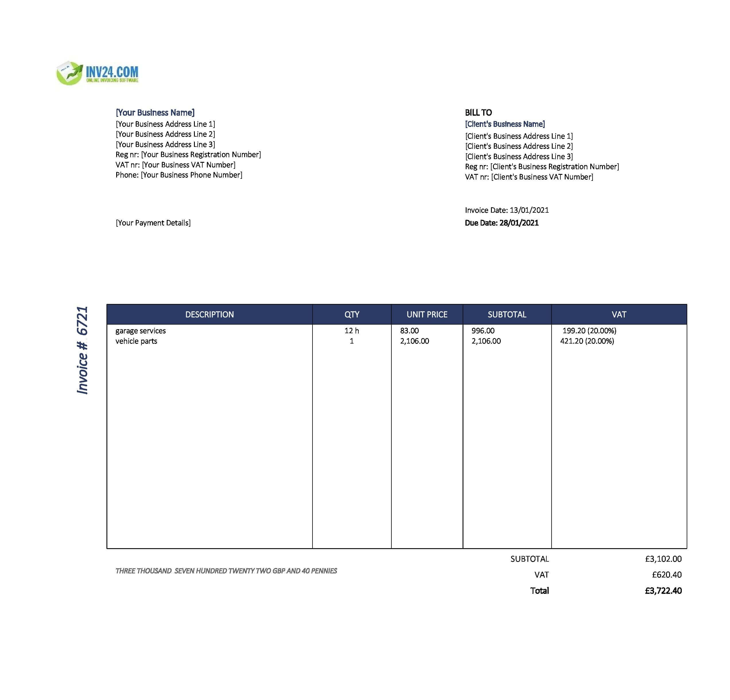 garage invoice template uk