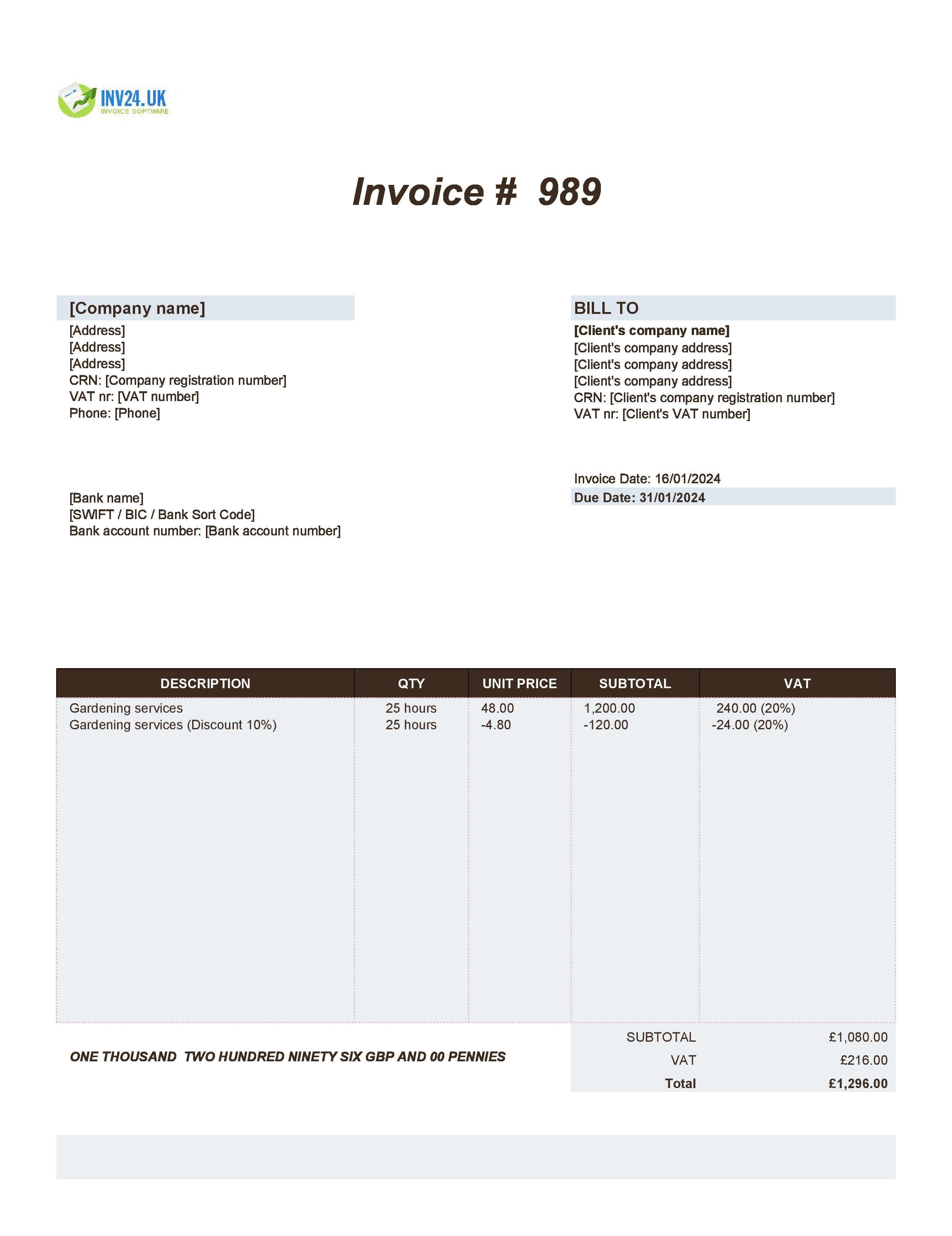 Gardening Invoice Template UK (Excel / Google Sheets)