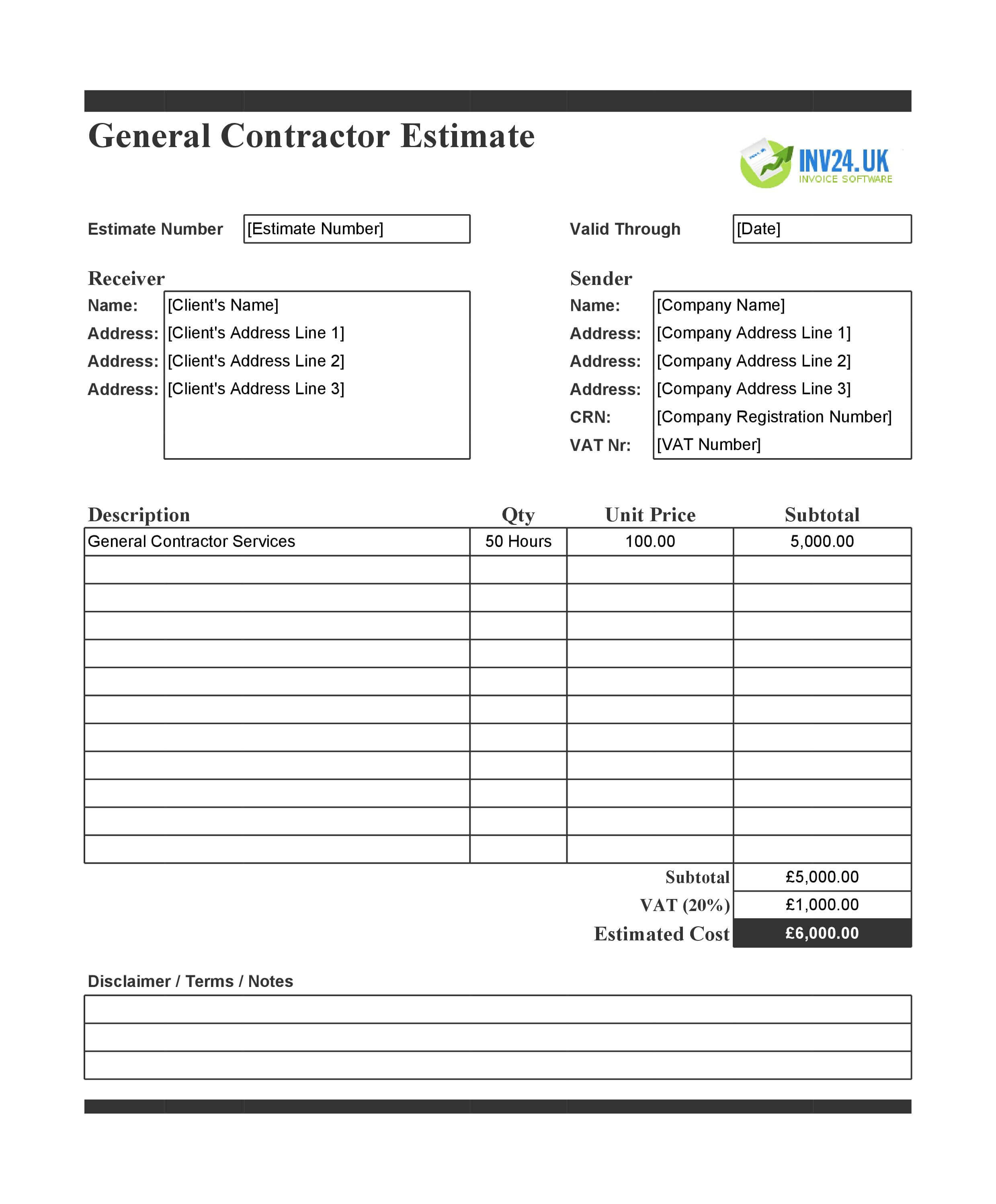 General Contractor Estimate Template for UK (Excel / Google Sheets)