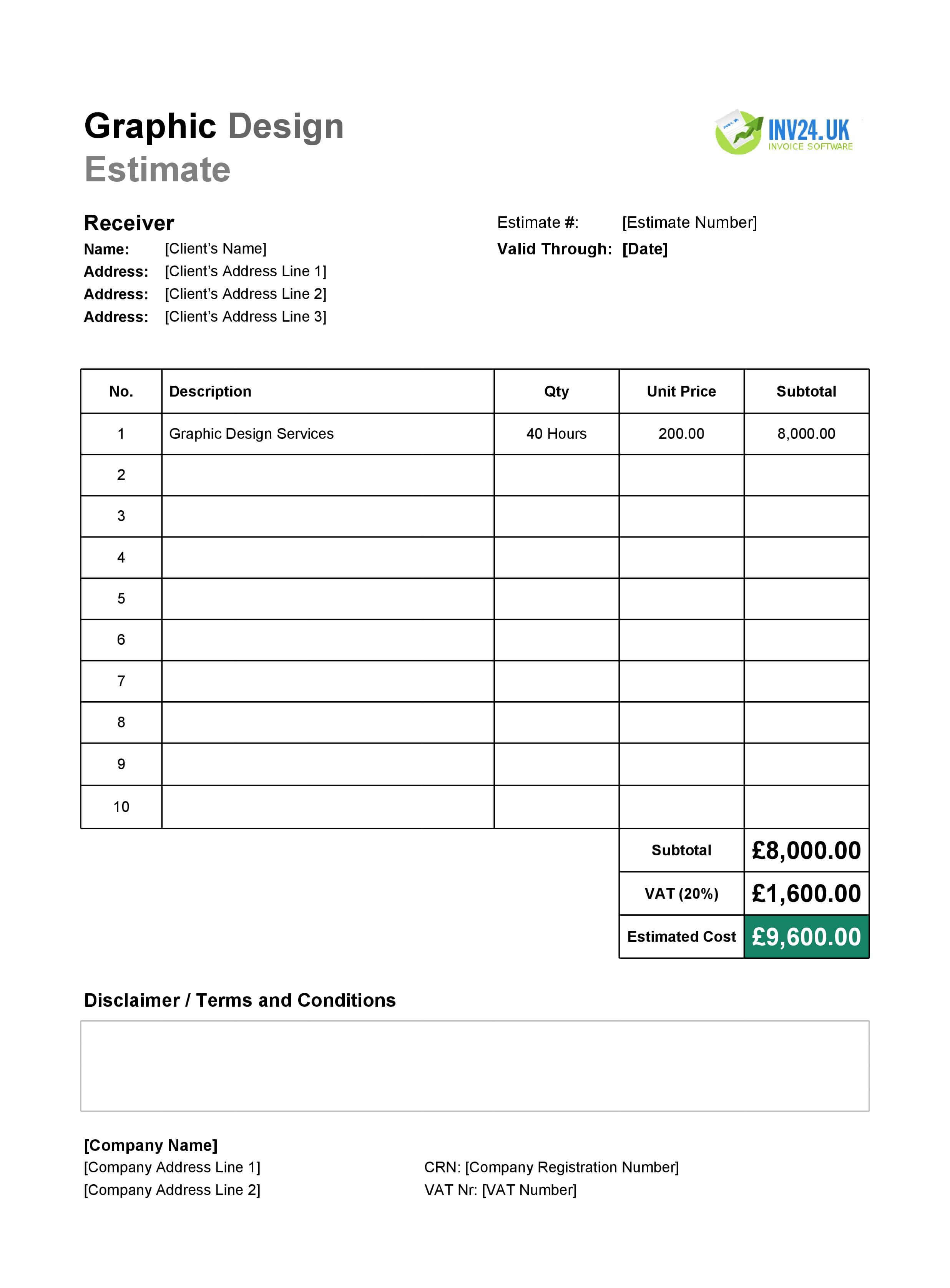 Graphic Design Estimate Template for UK (Excel / Google Sheets)