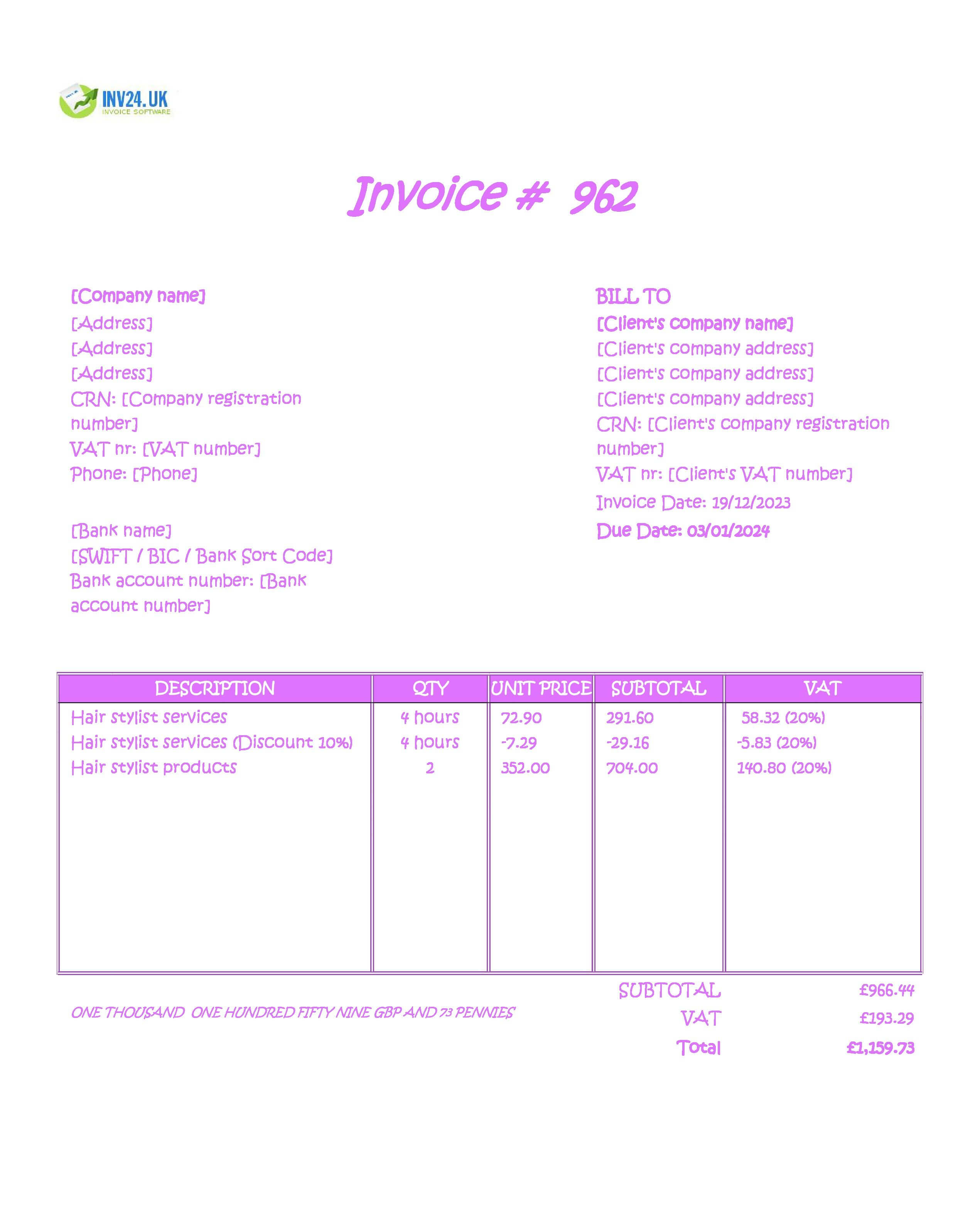 Hair Stylist Invoice Template UK (Excel / Google Sheets) Hair Stylist Invoice Template UK (Excel / Google Sheets)