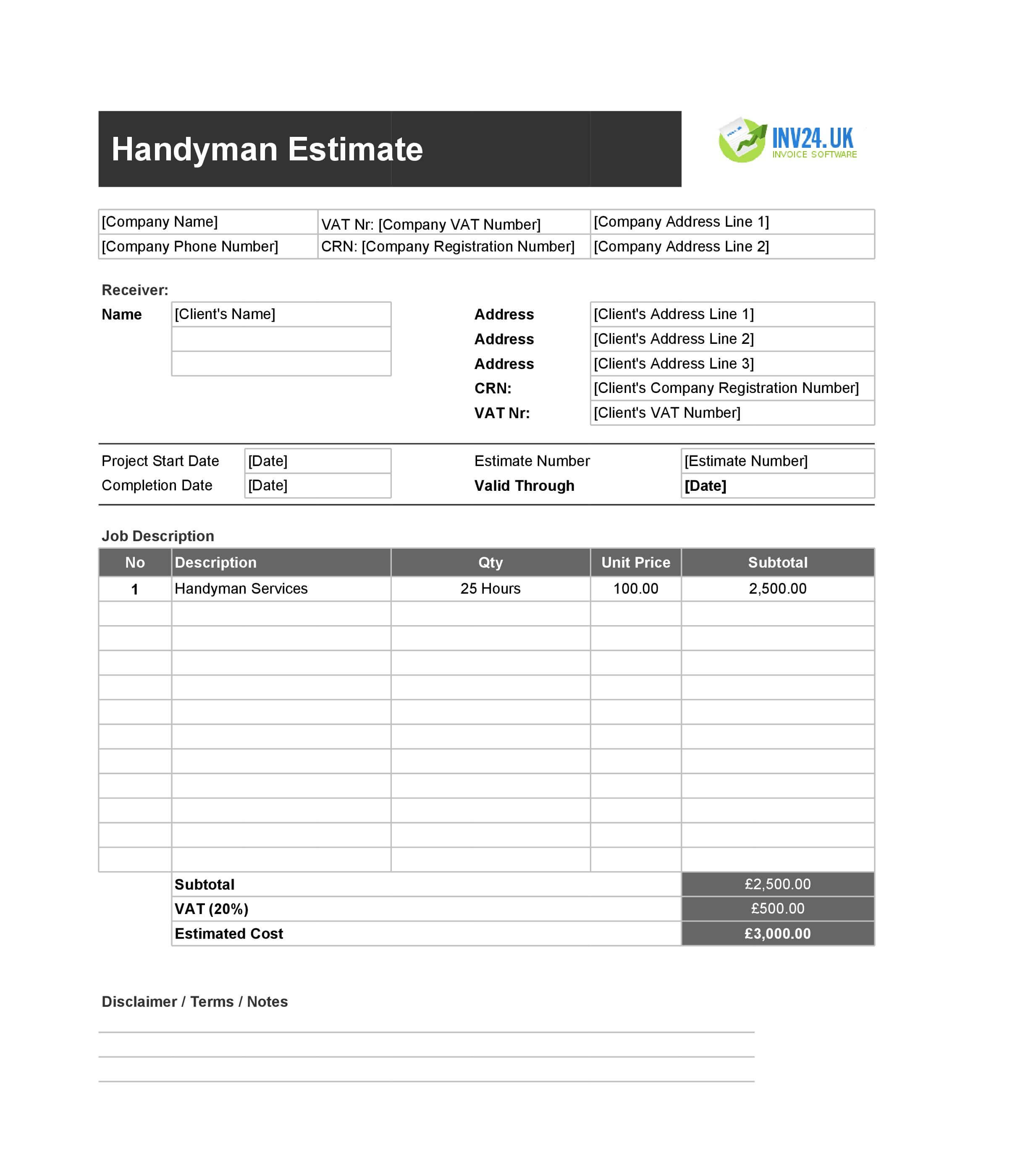 Handyman Estimate Template for UK (Excel / Google Sheets)