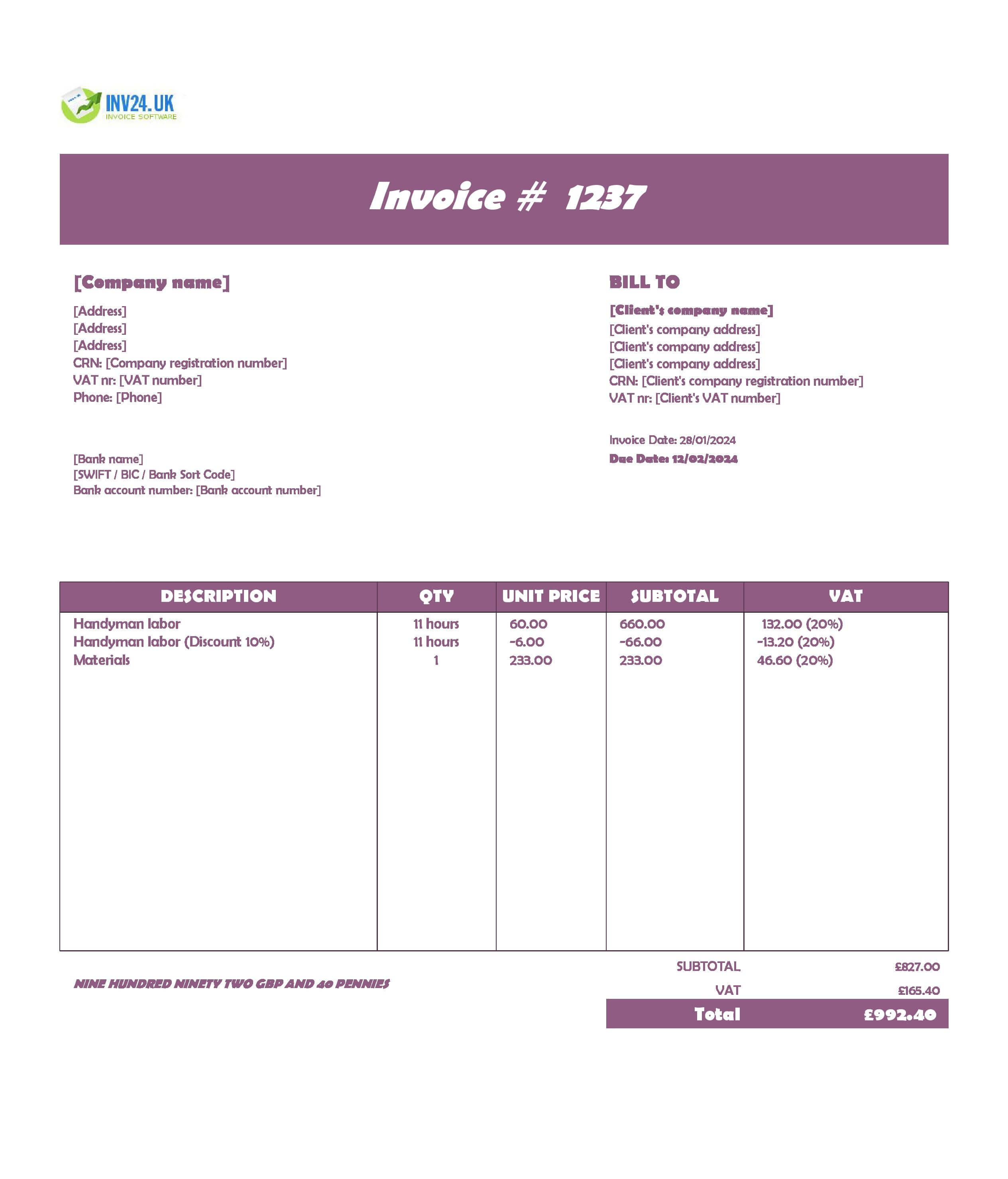 Handyman Invoice Template UK (Excel / Google Sheets) Handyman Invoice Template UK (Excel / Google Sheets)