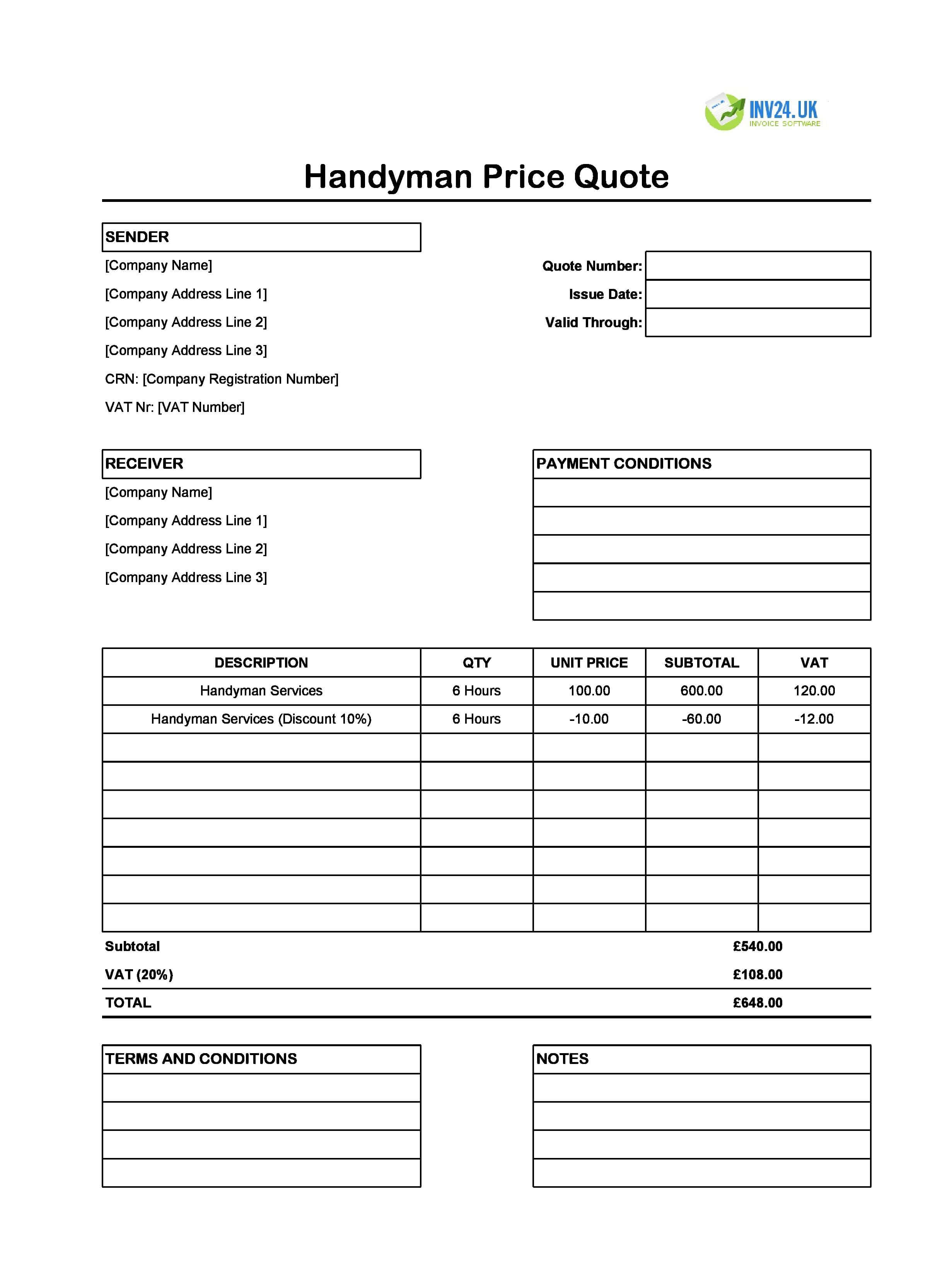 Handyman Quote Template for UK (Excel / Google Sheets)