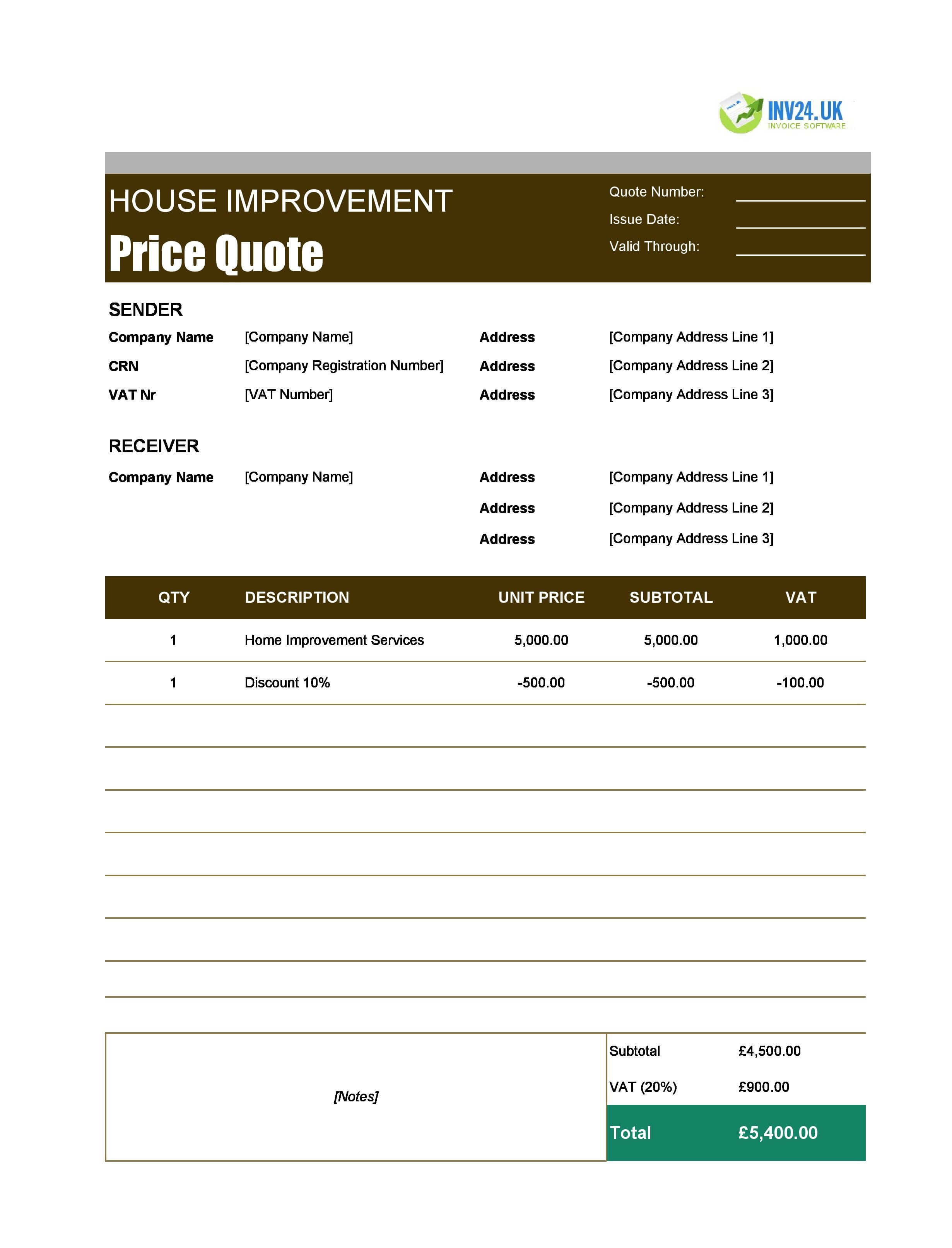Home Improvement Quote Template for UK (Excel / Google Sheets)