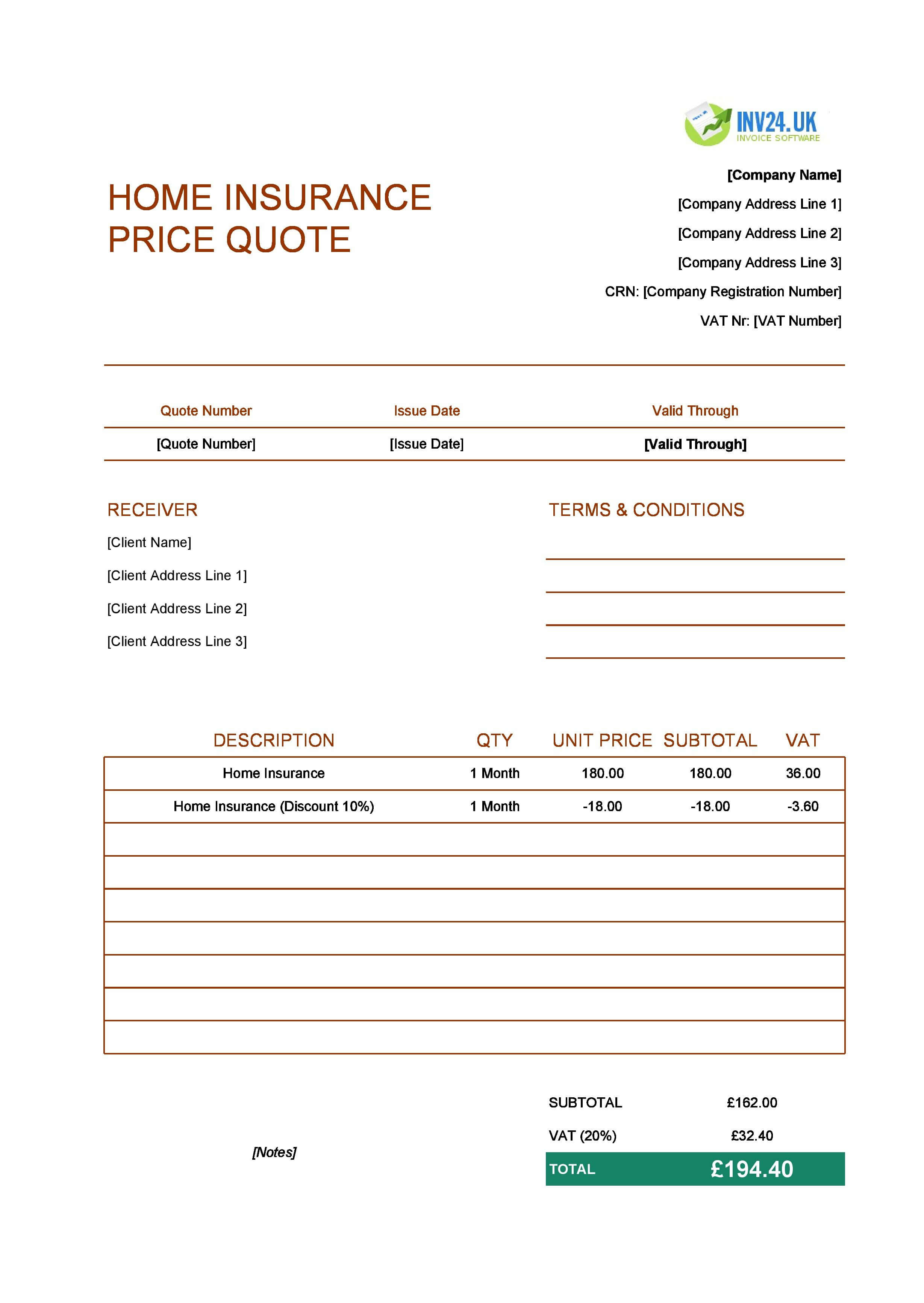 Home Insurance Quote Template for UK (Excel / Google Sheets)