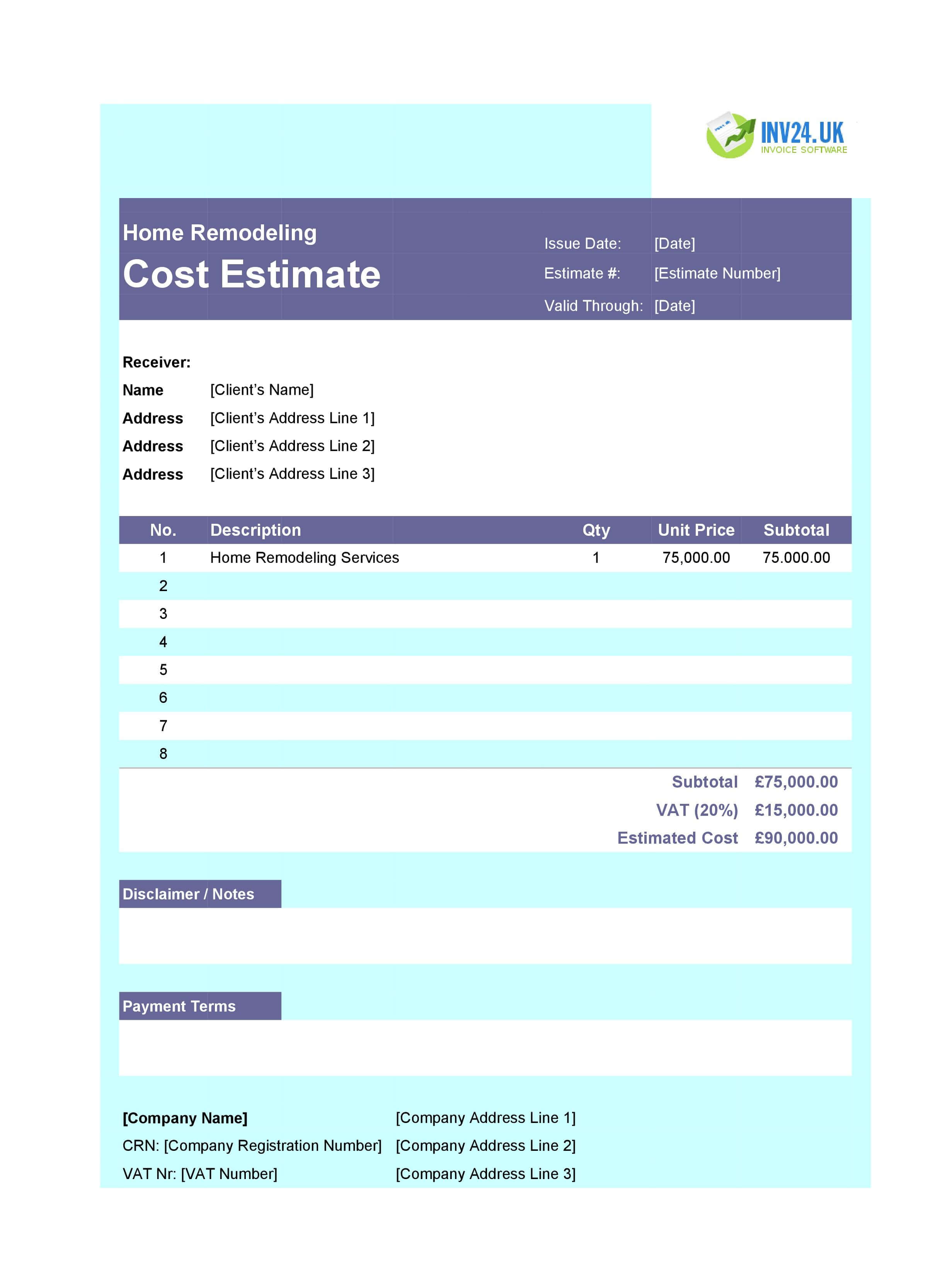 Home Remodeling Cost Estimate Template for UK (Excel / Google Sheets)