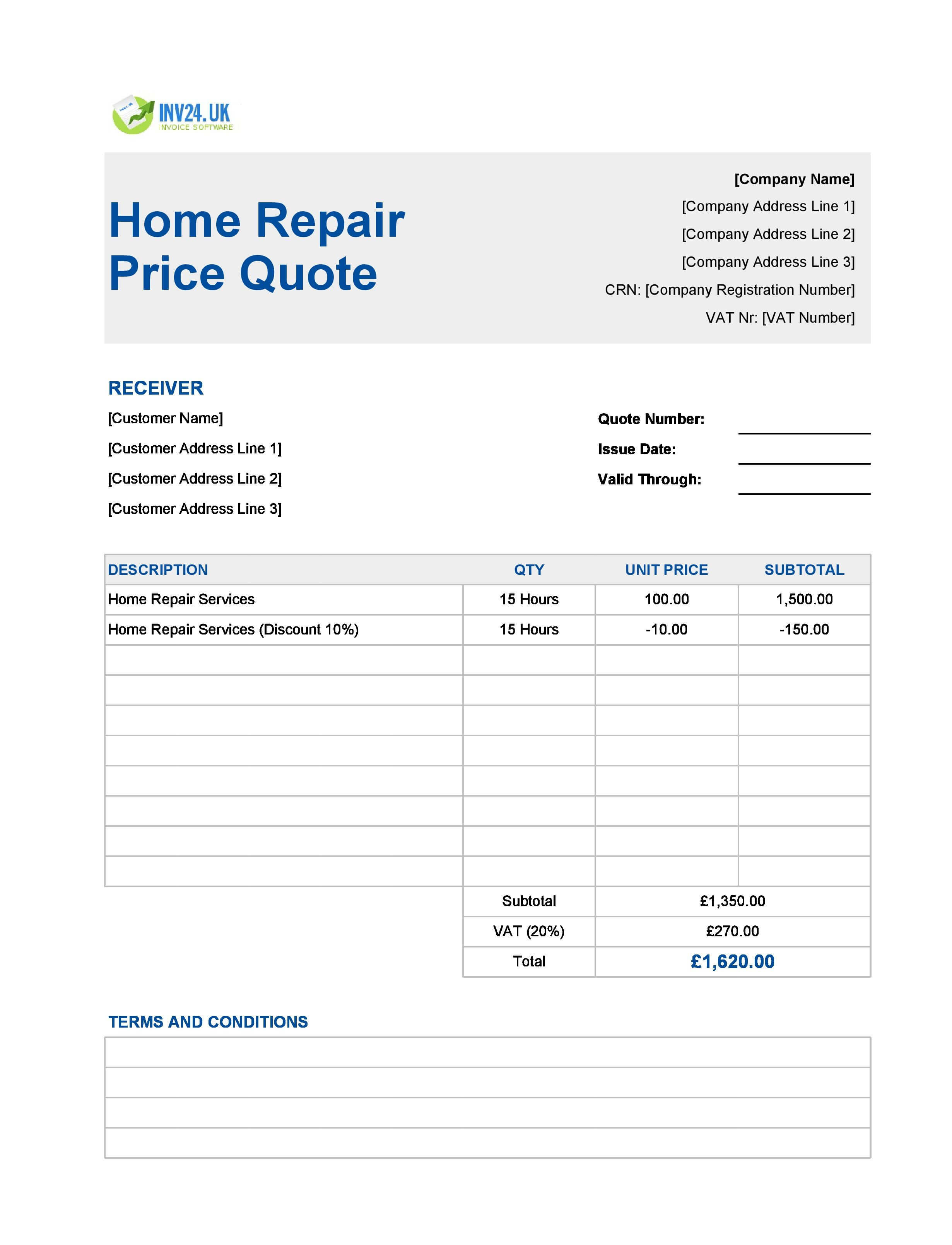 Home Repair Quote Template for UK (Excel / Google Sheets)