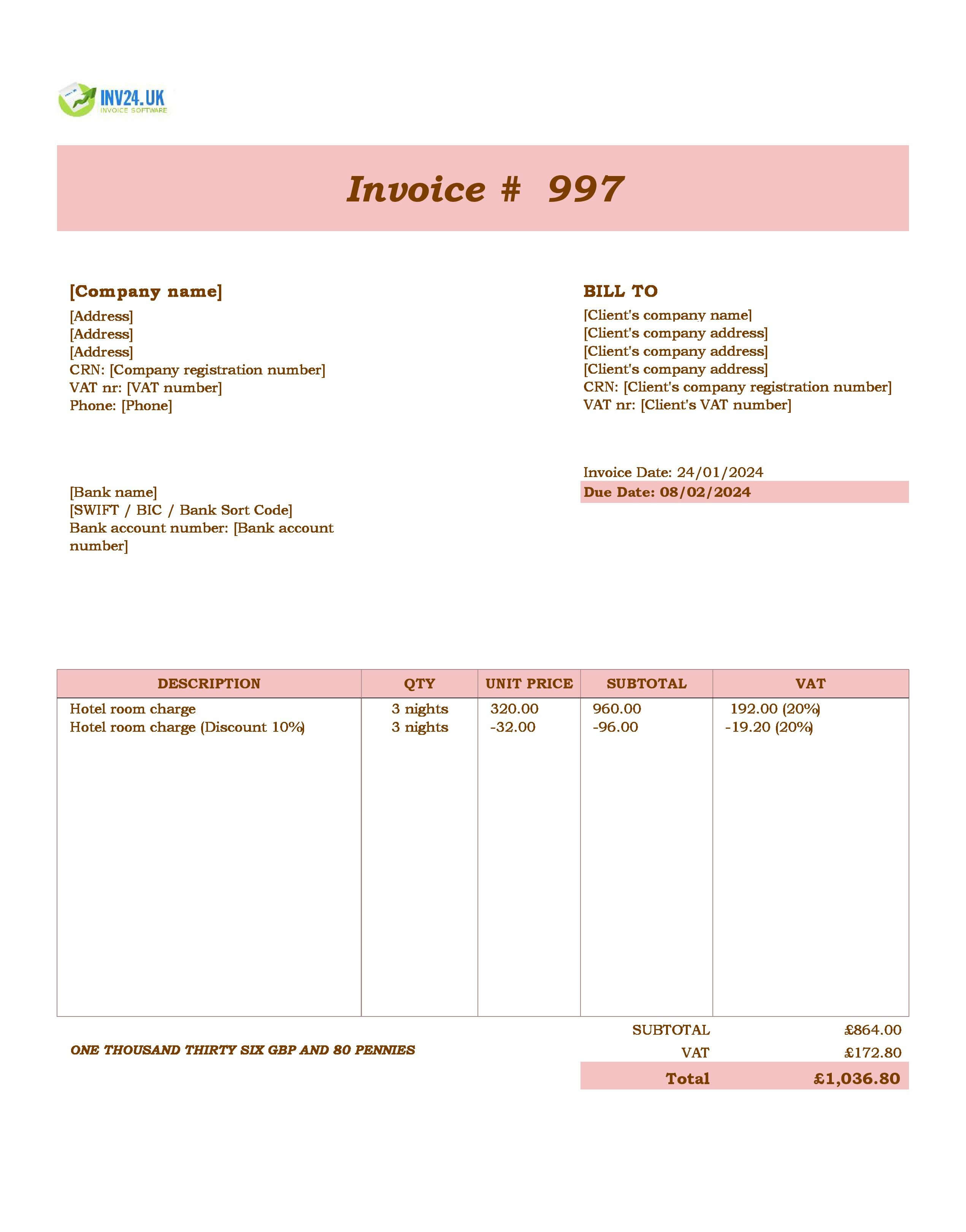 Hotel Invoice Template UK (Excel / Google Sheets)