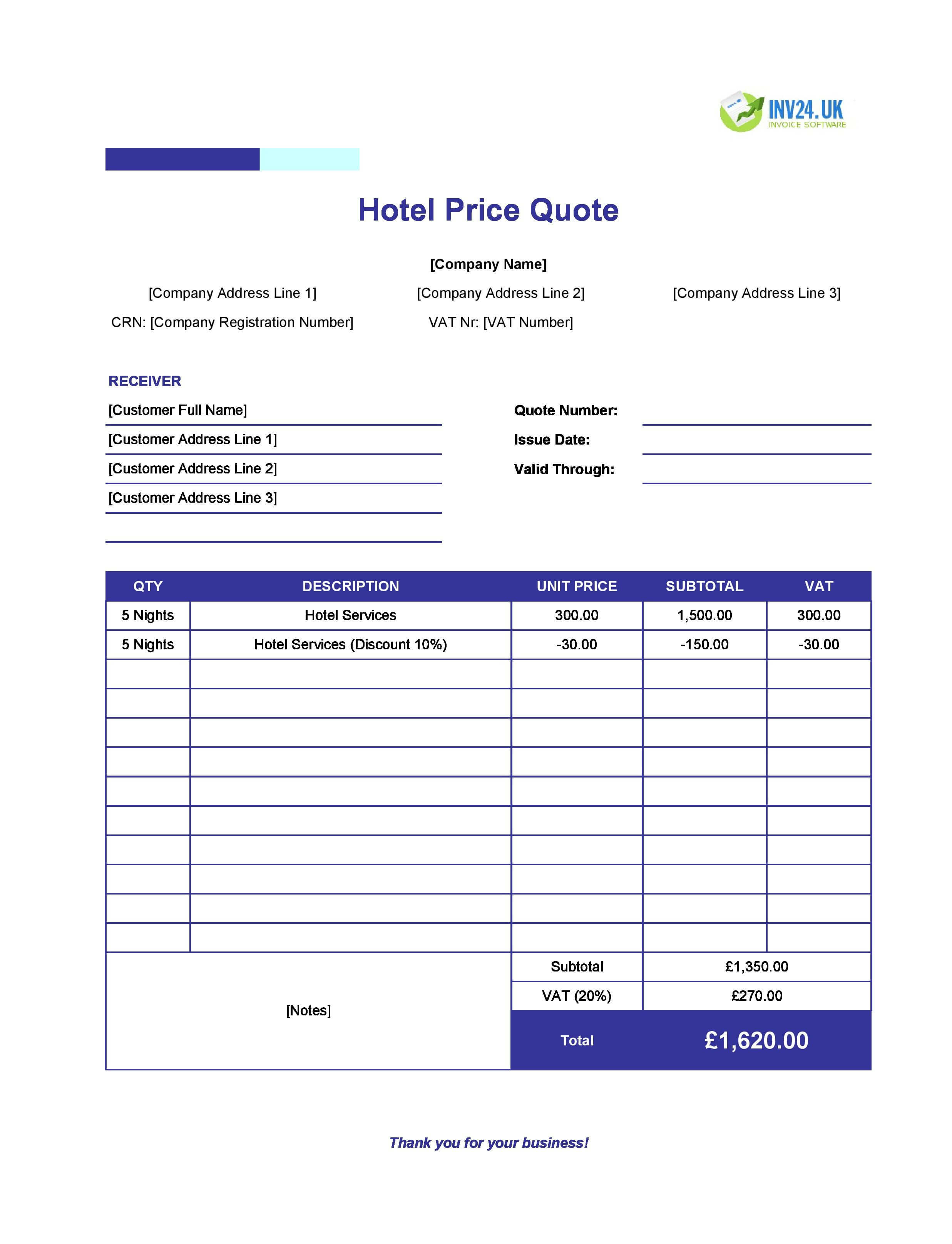 Hotel Quote Template for UK (Excel / Google Sheets)