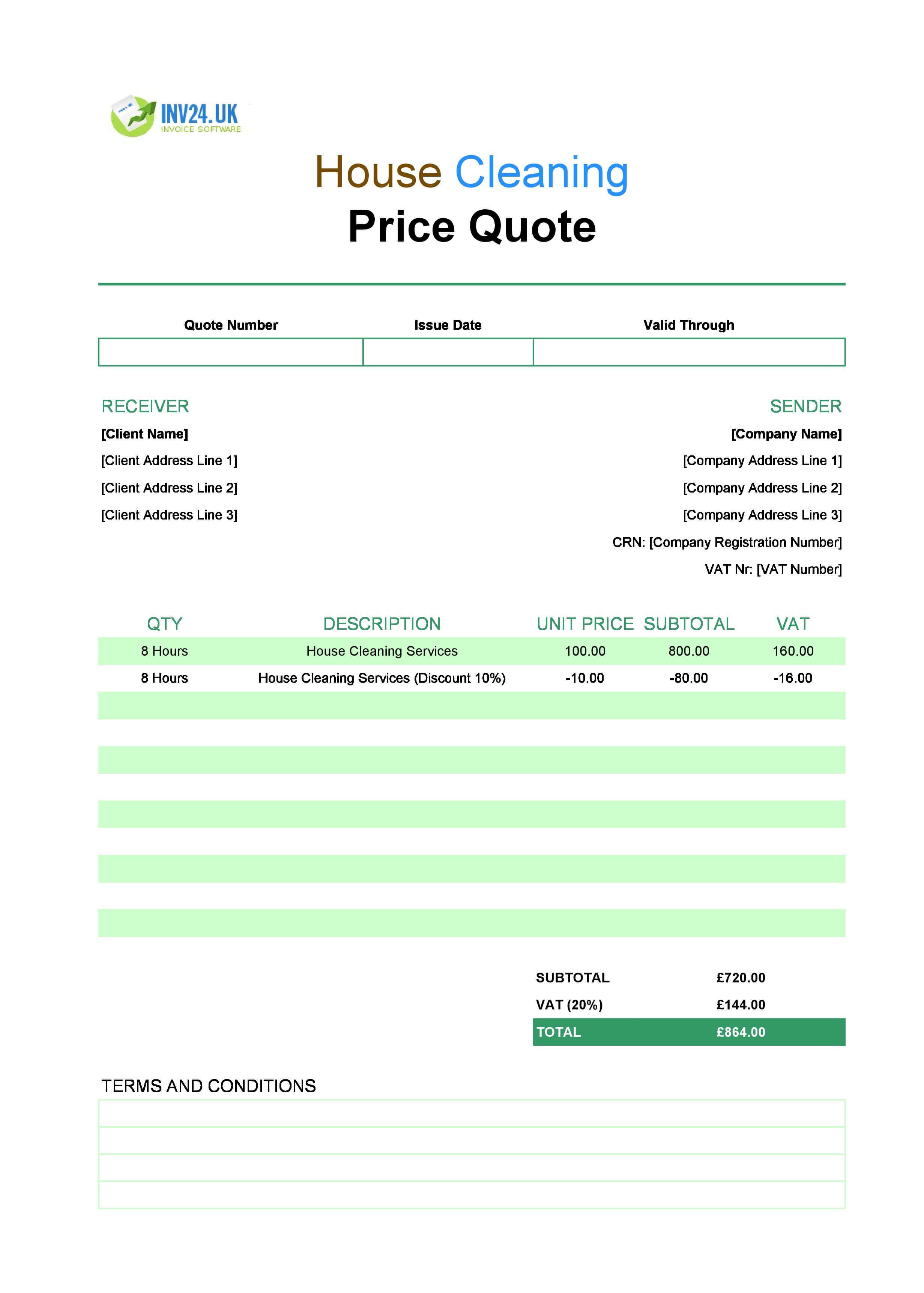 House Cleaning Quote Template for UK (Excel / Google Sheets)