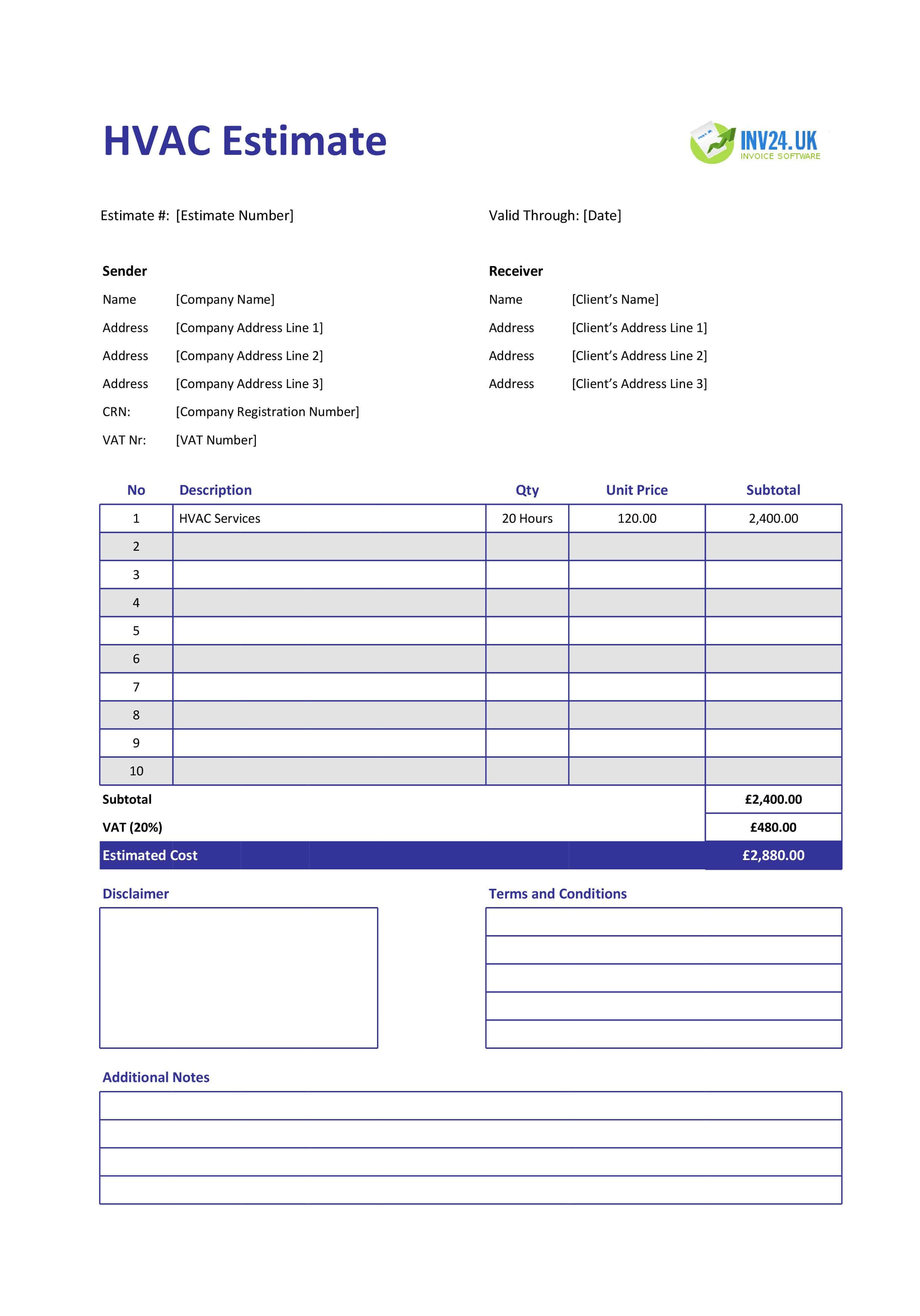 HVAC Estimate Template for UK (Excel / Google Sheets)