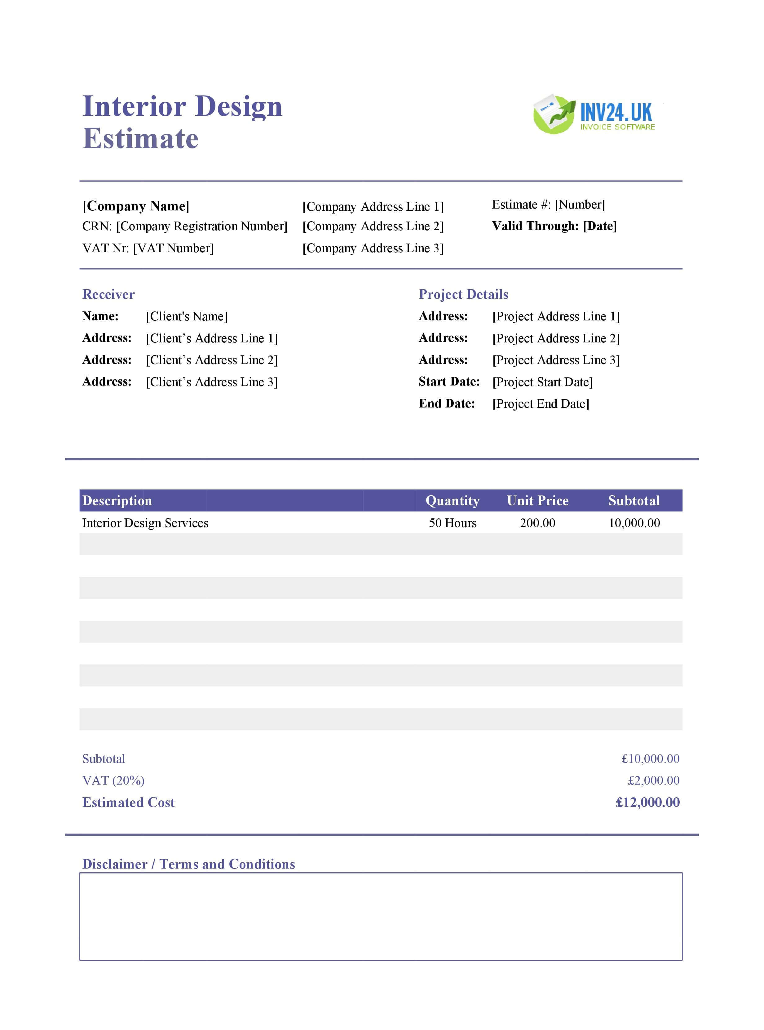 Interior Design Estimate Template for UK (Excel / Google Sheets)