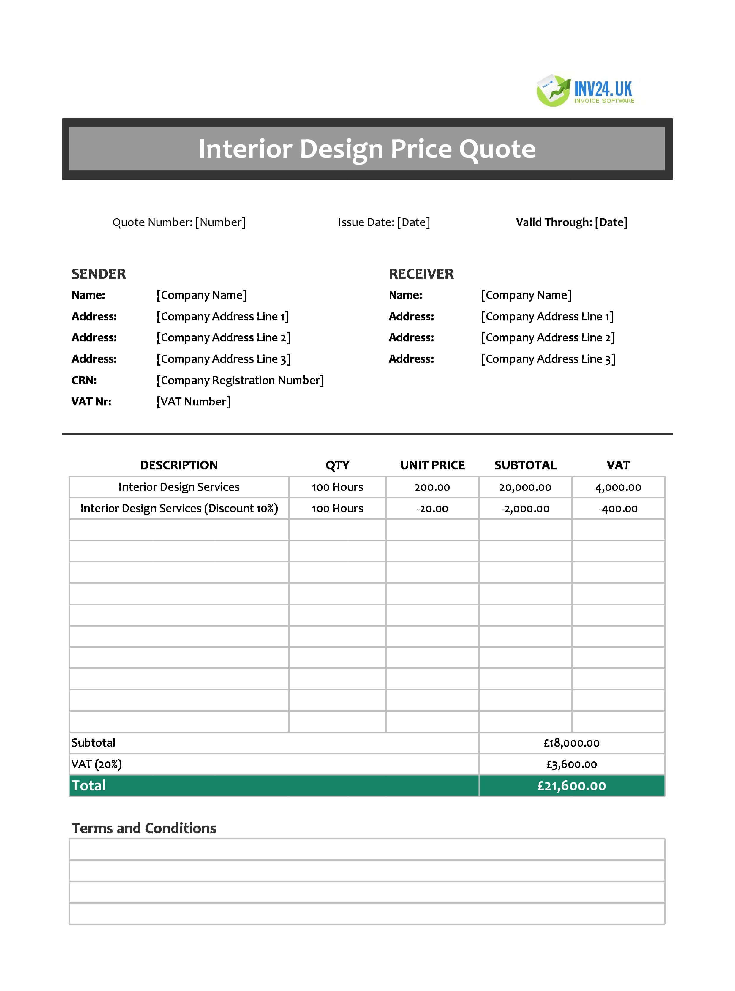 Interior Design Quote Template for UK (Excel / Google Sheets)
