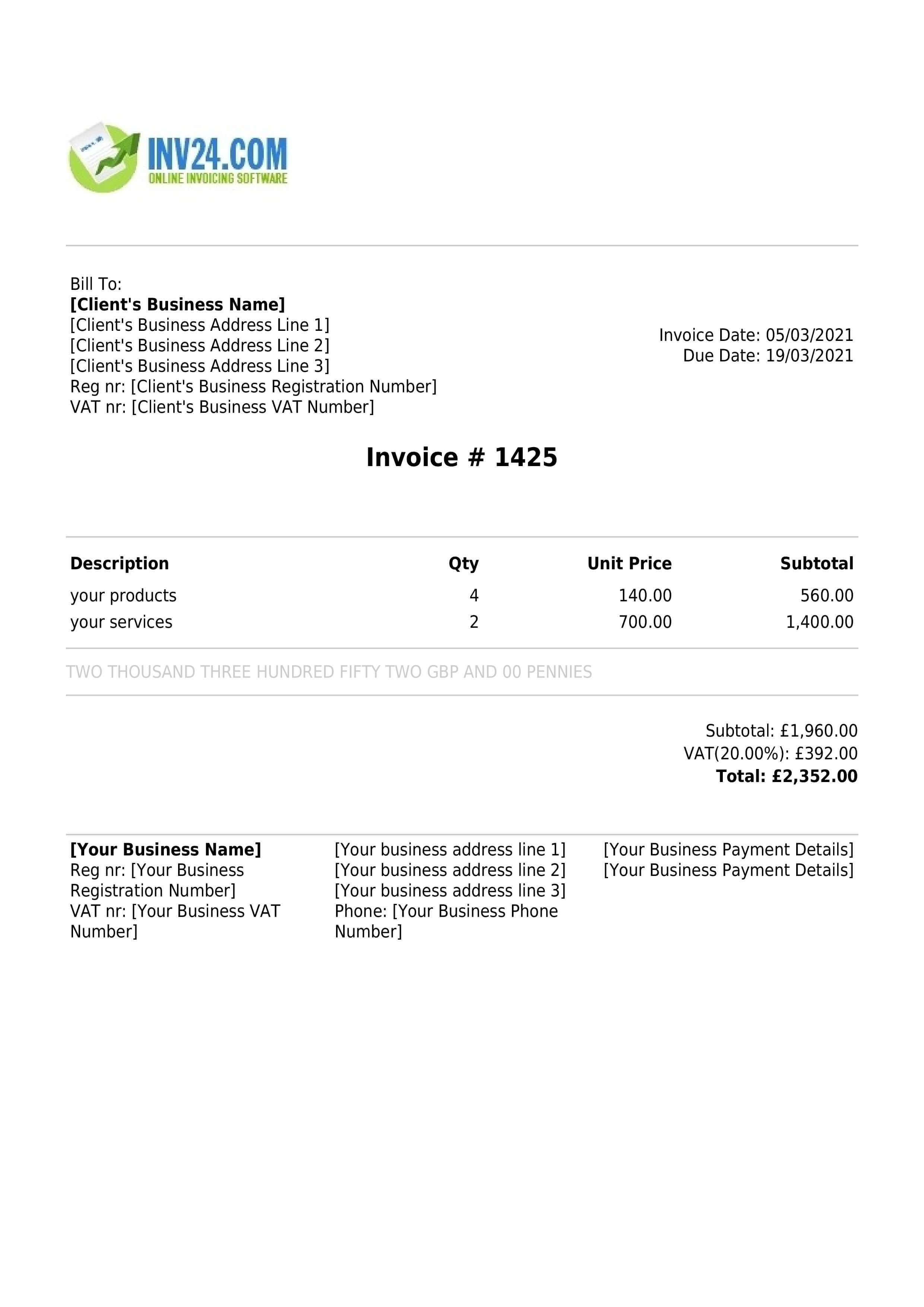 UK invoice sample with mandatory and optional fields