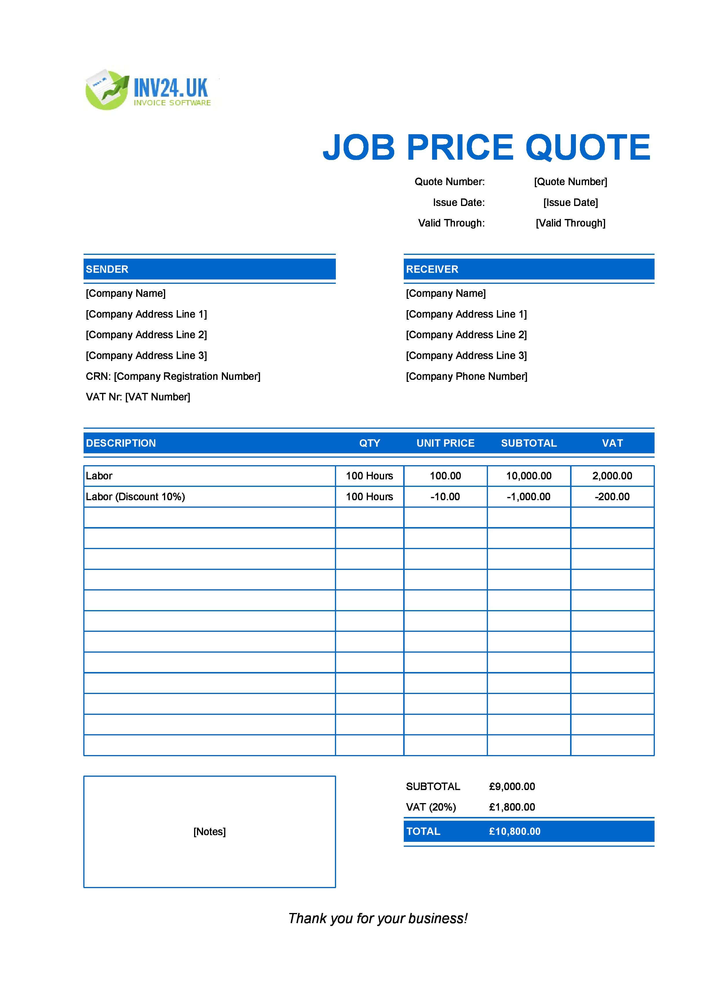 Job Quote Template Sheets for UK (Excel / Google Sheets)