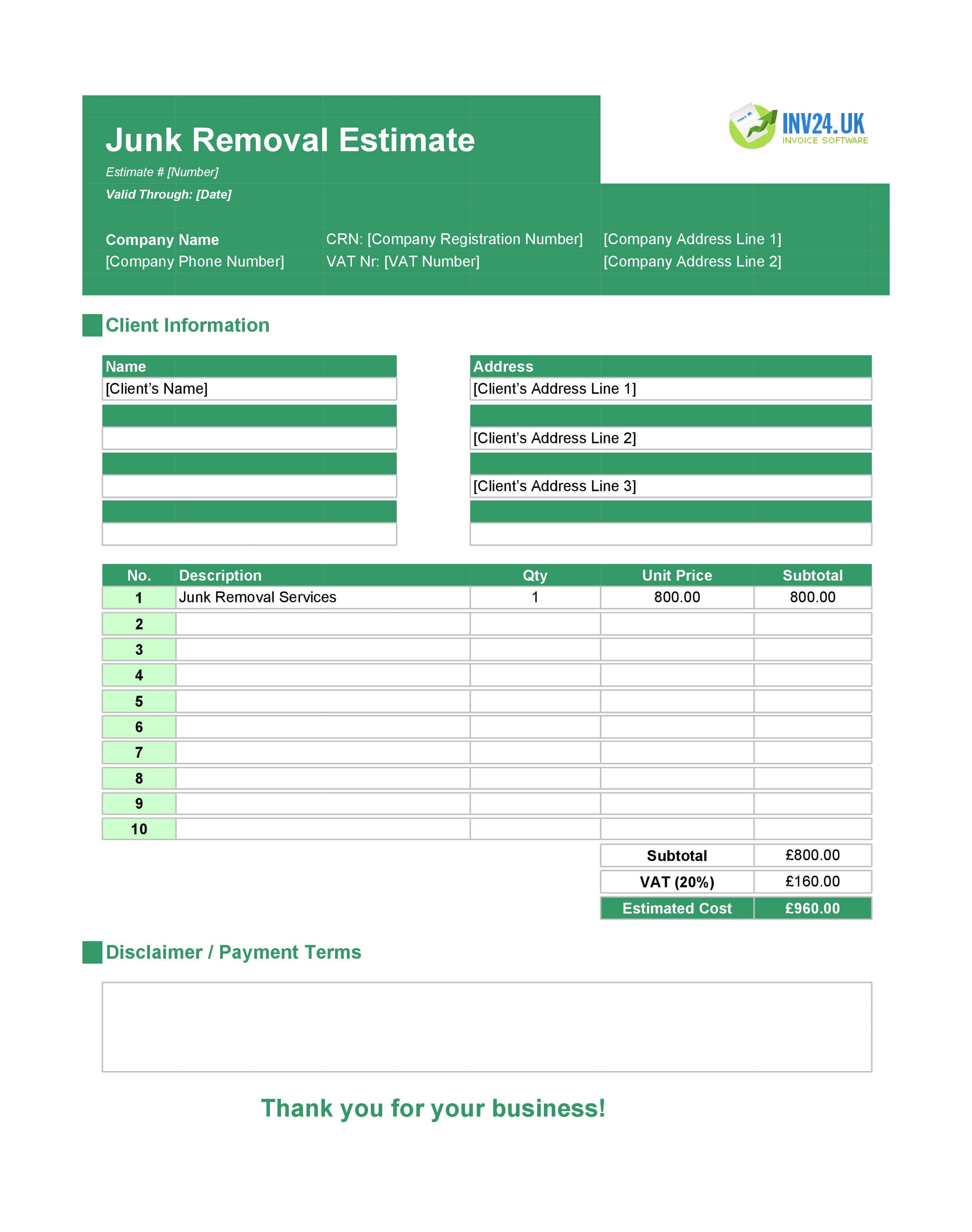 Junk Removal Estimate Template for UK (Excel / Google Sheets)