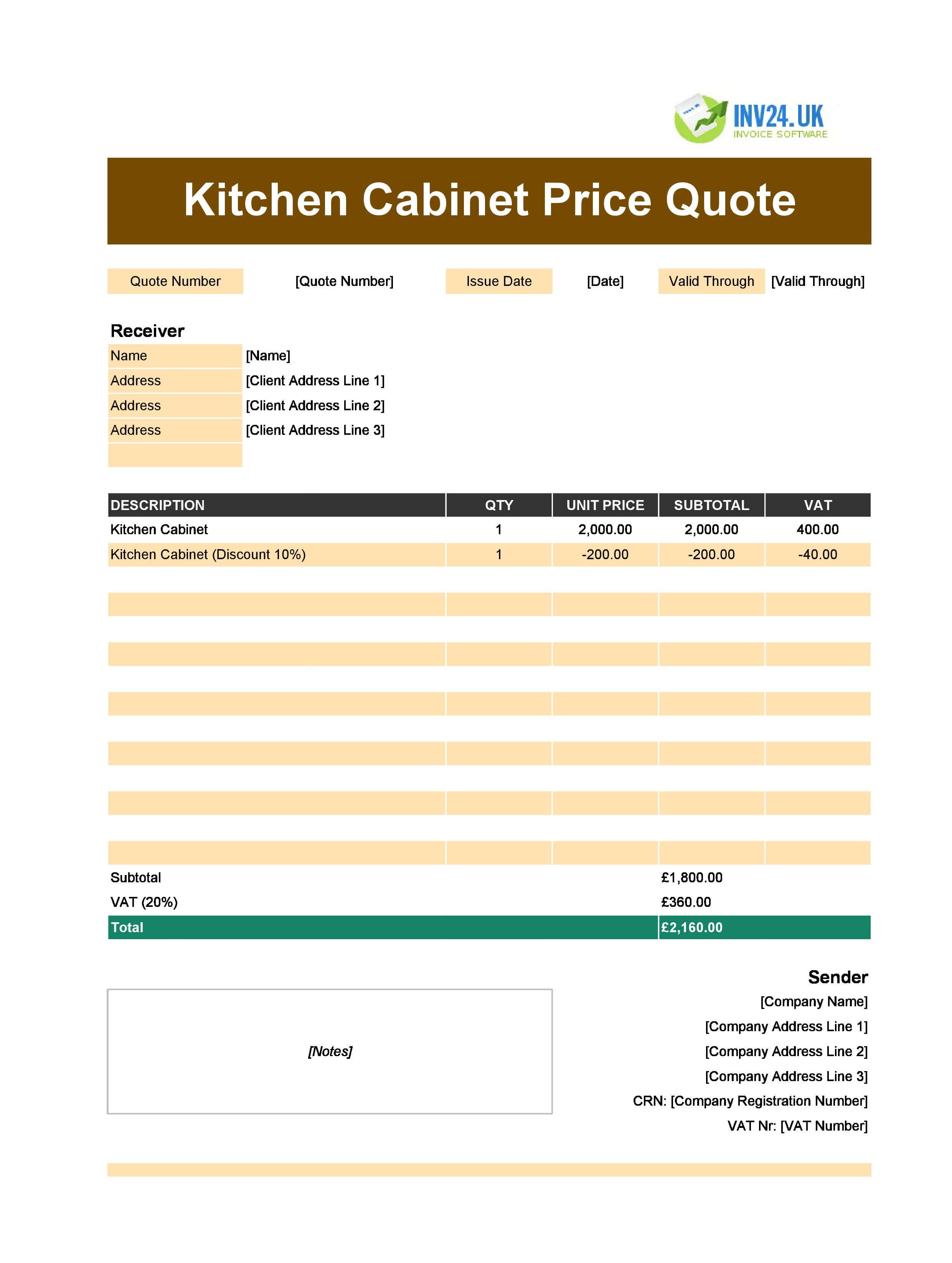 Kitchen Cabinet Quote Template for UK (Excel / Google Sheets)