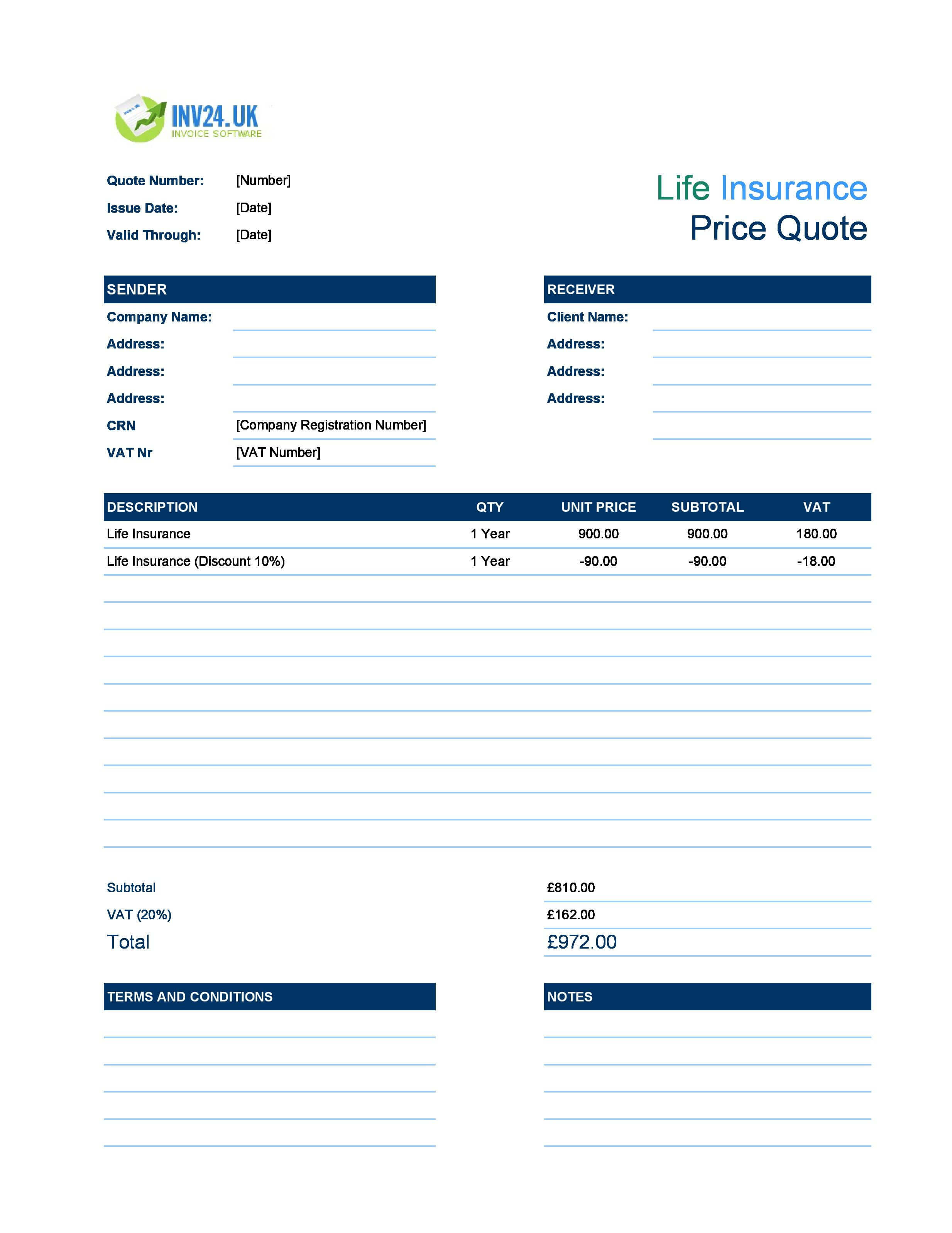 Life Insurance Quote Template for UK (Excel / Google Sheets)