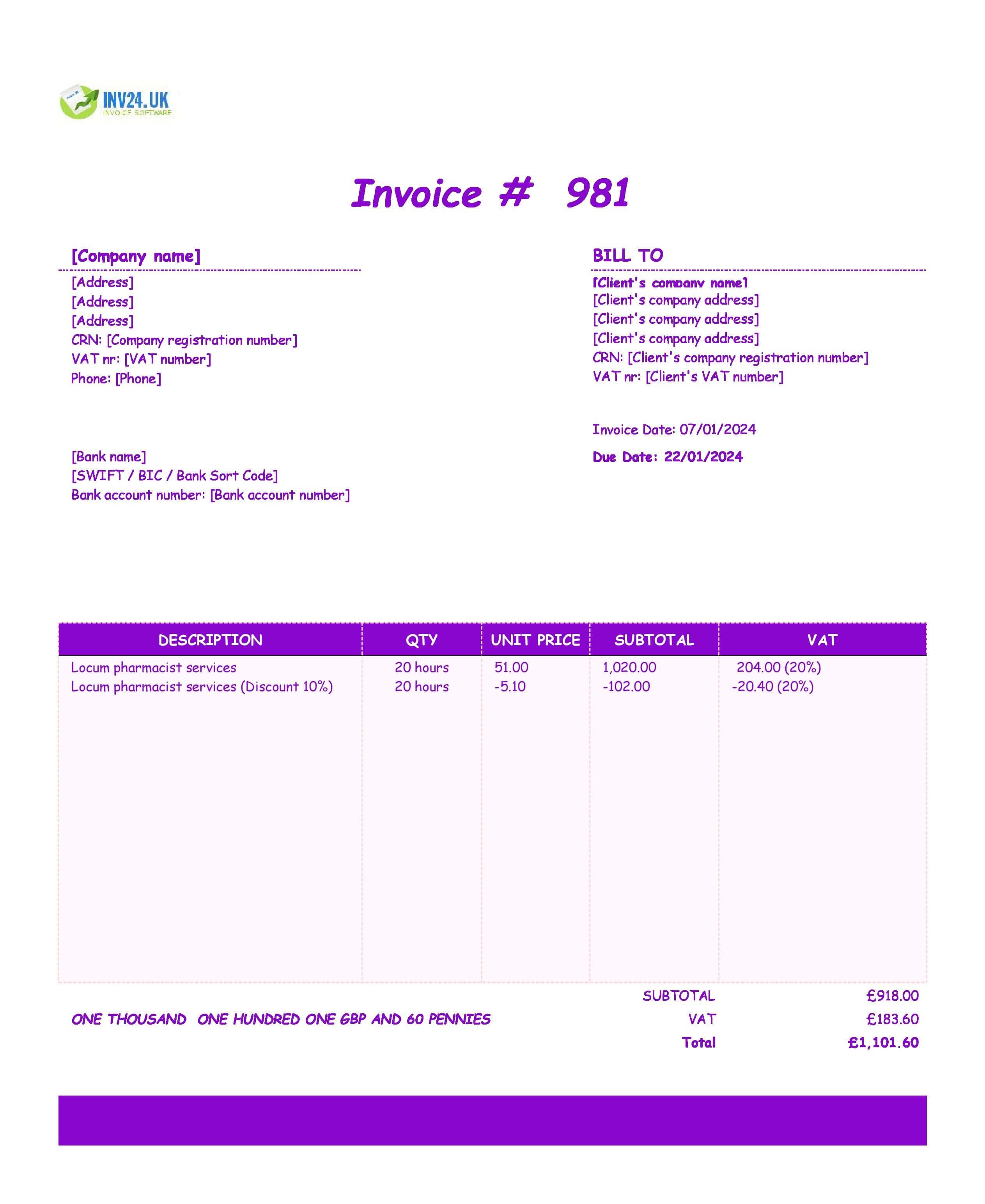 Locum Pharmacist Invoice Template UK (Excel / Google Sheets)