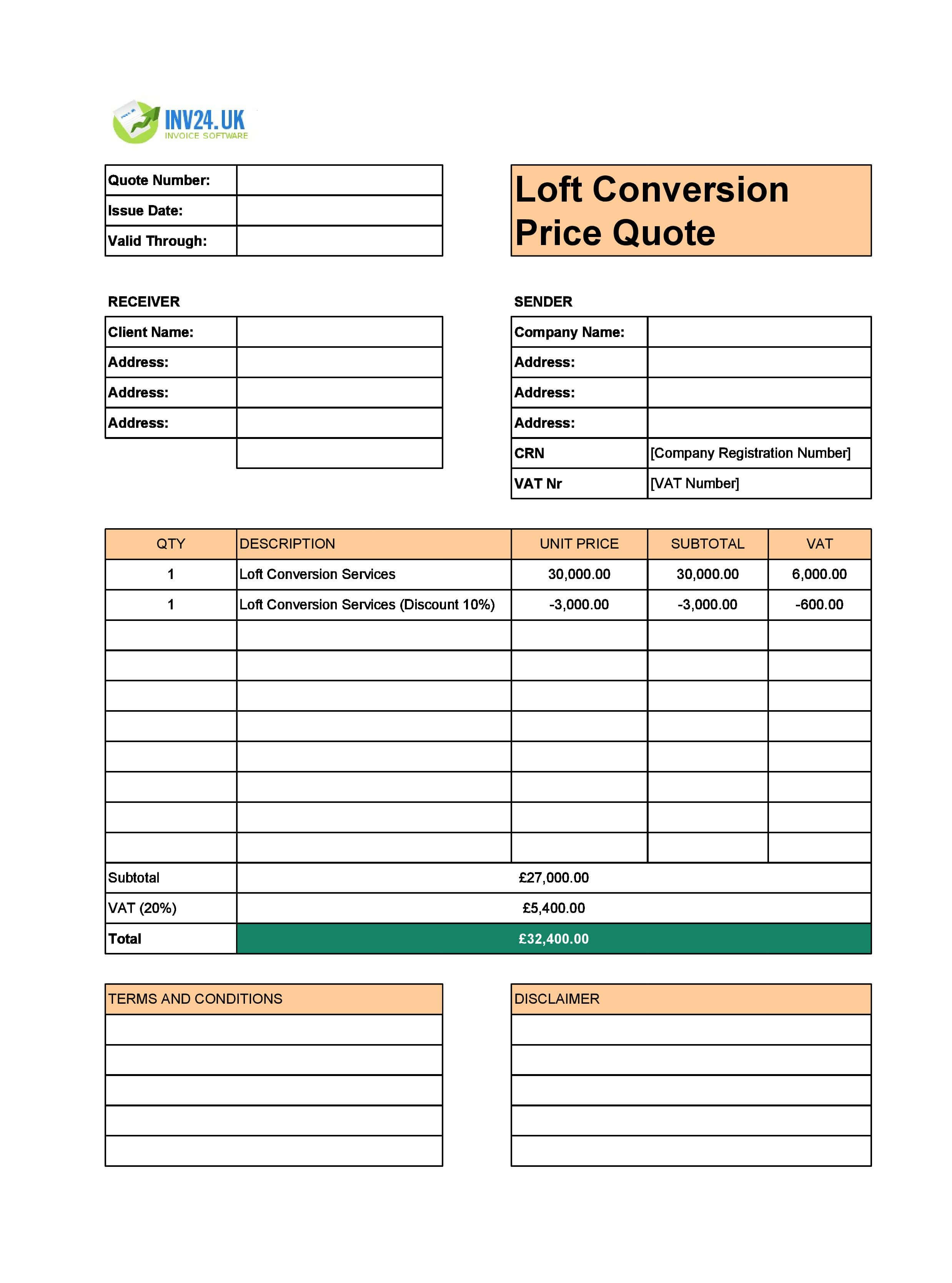 Loft Conversion Quote Template for UK (Excel / Google Sheets)