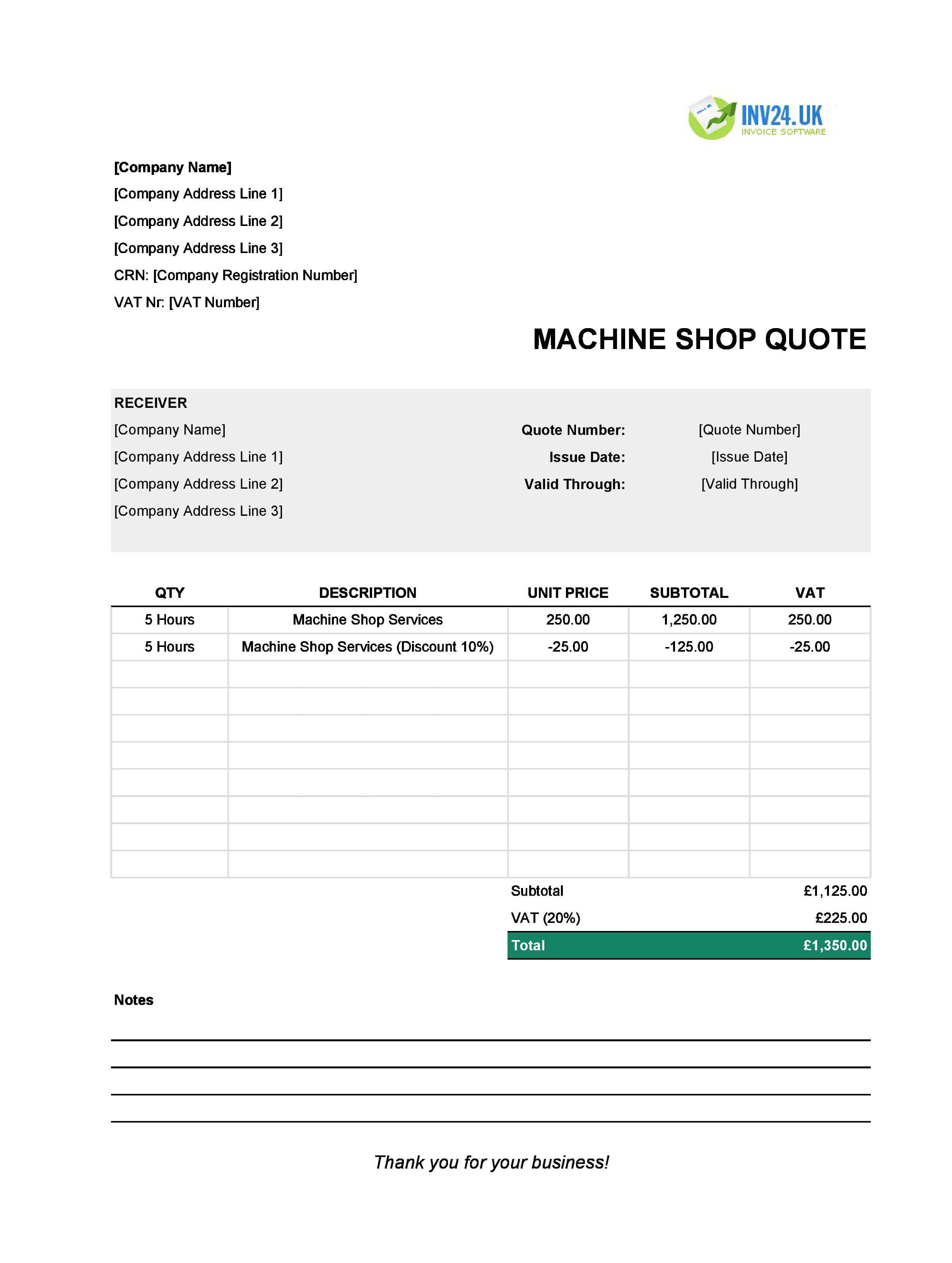 Machine Shop Quote Template for UK (Excel / Google Sheets)