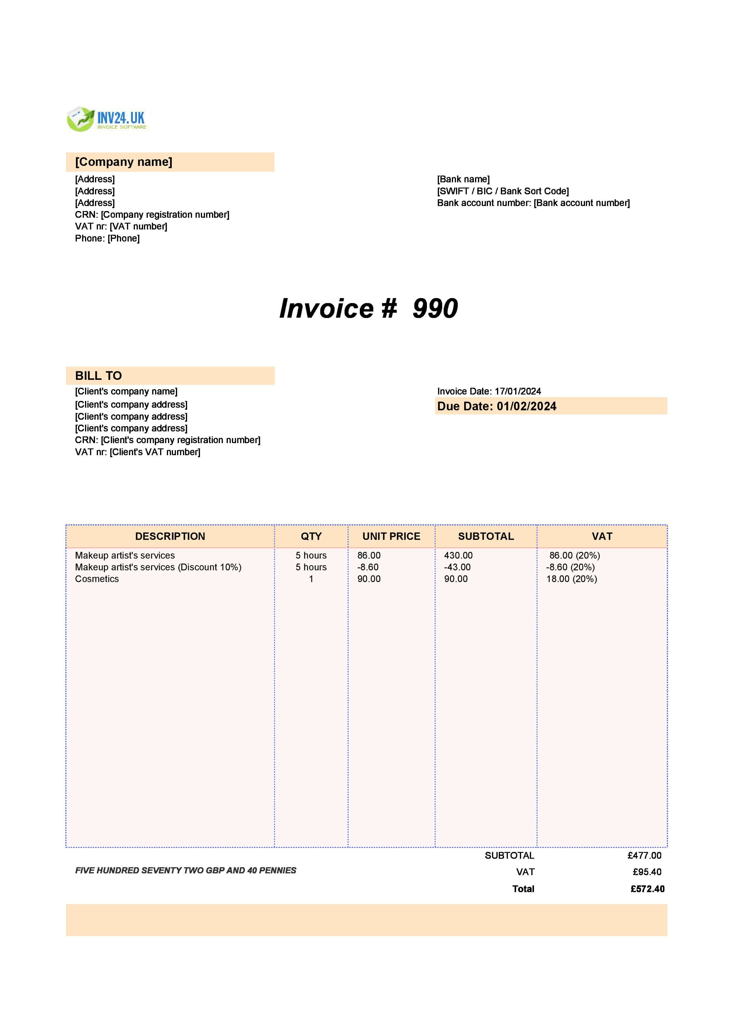 Makeup Artist Invoice Template UK (Excel / Google Sheets)
