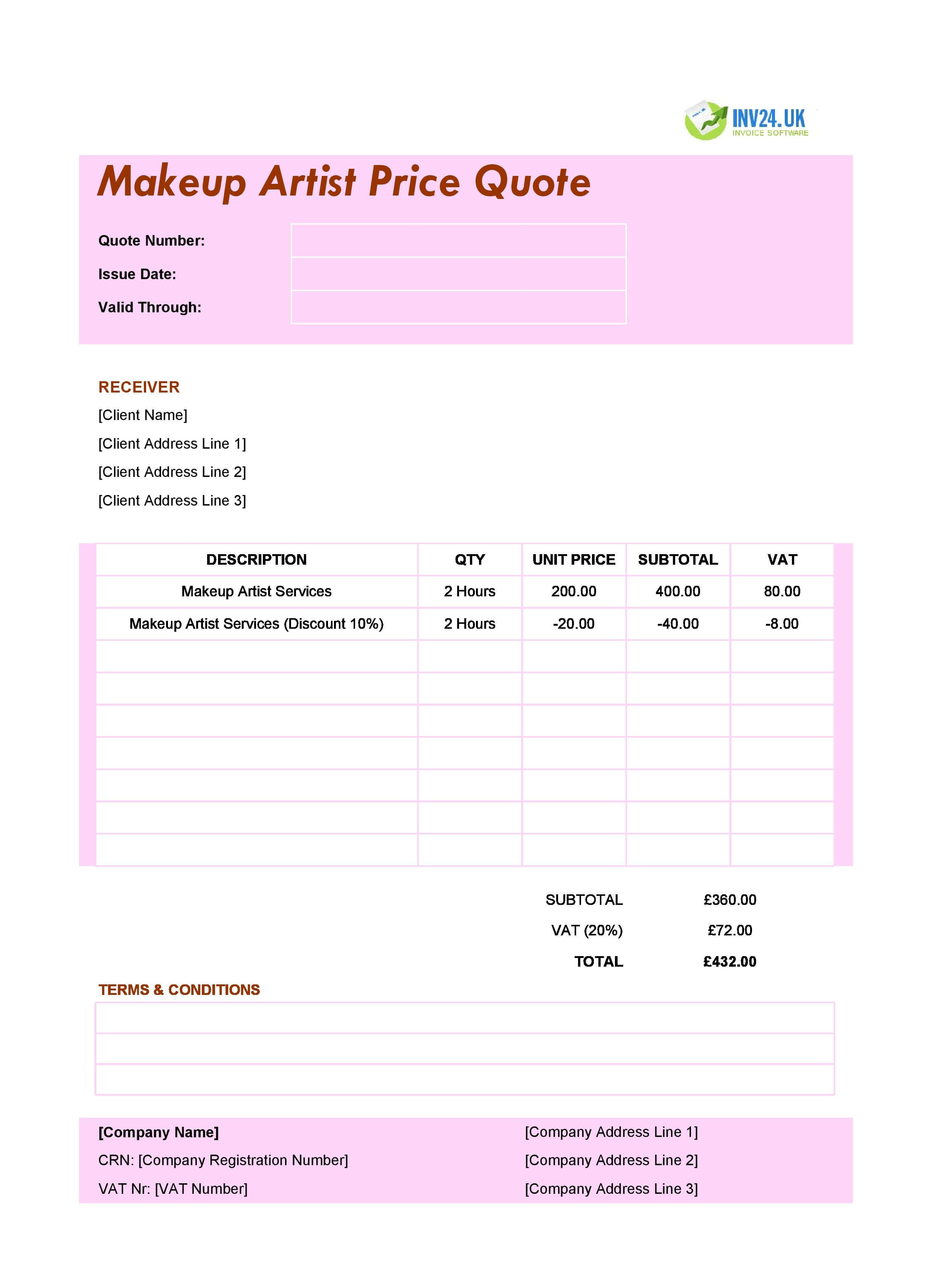 Makeup Artist Quote Template for UK (Excel / Google Sheets)
