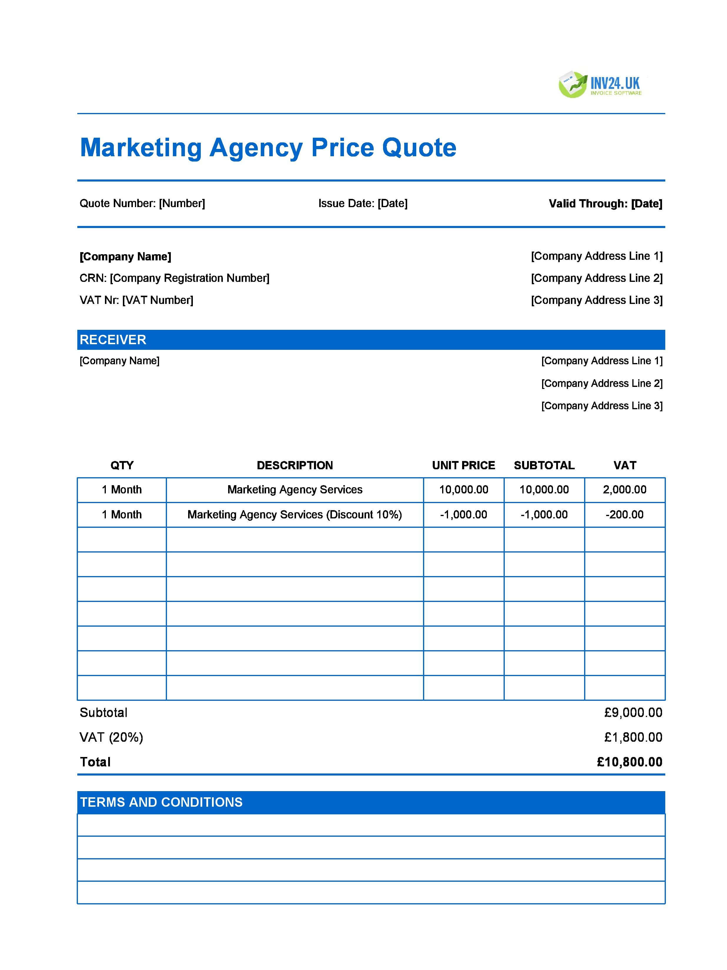 Marketing Agency Quote Template for UK (Excel / Google Sheets)