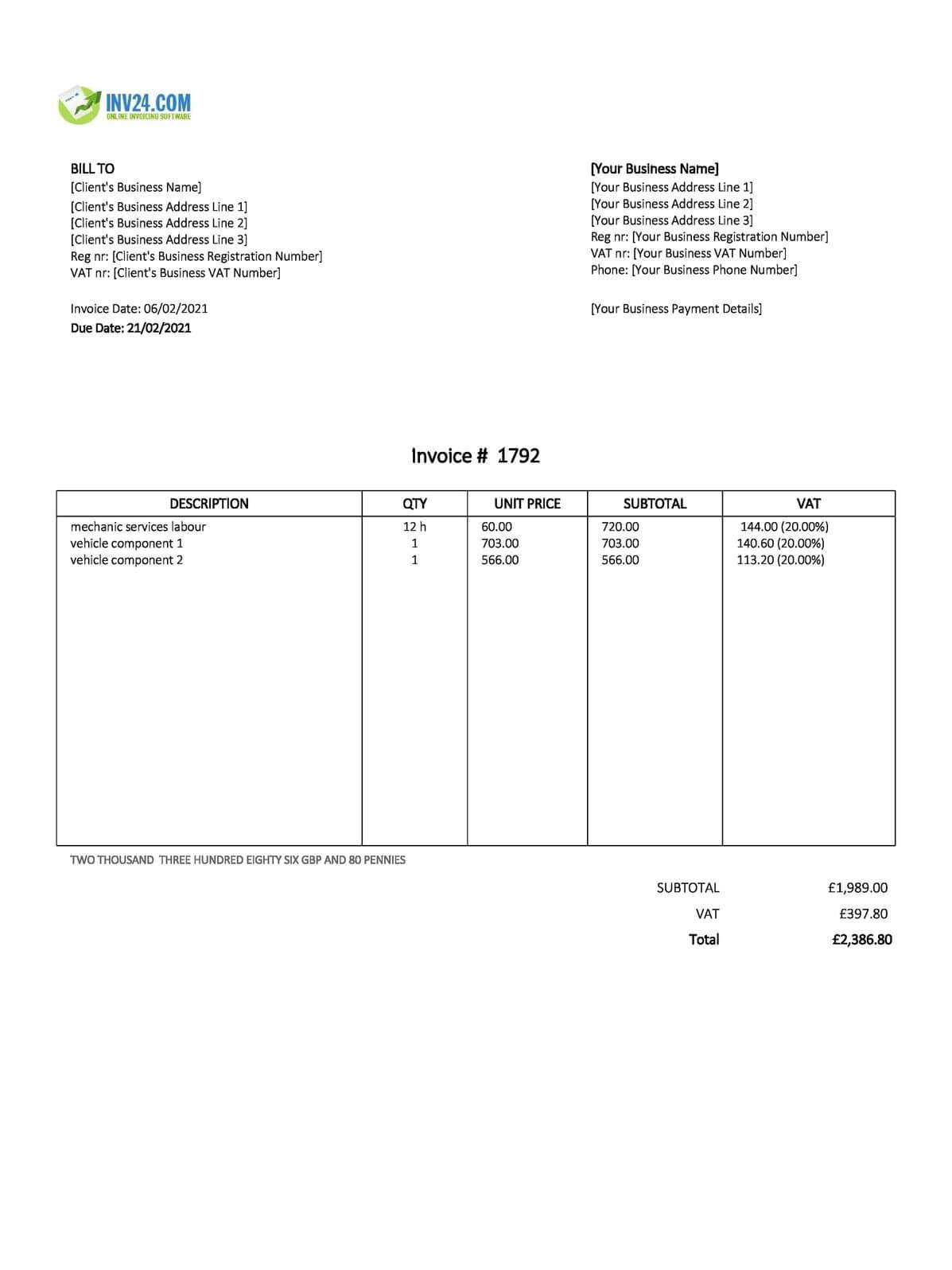 mechanic invoice template uk excel