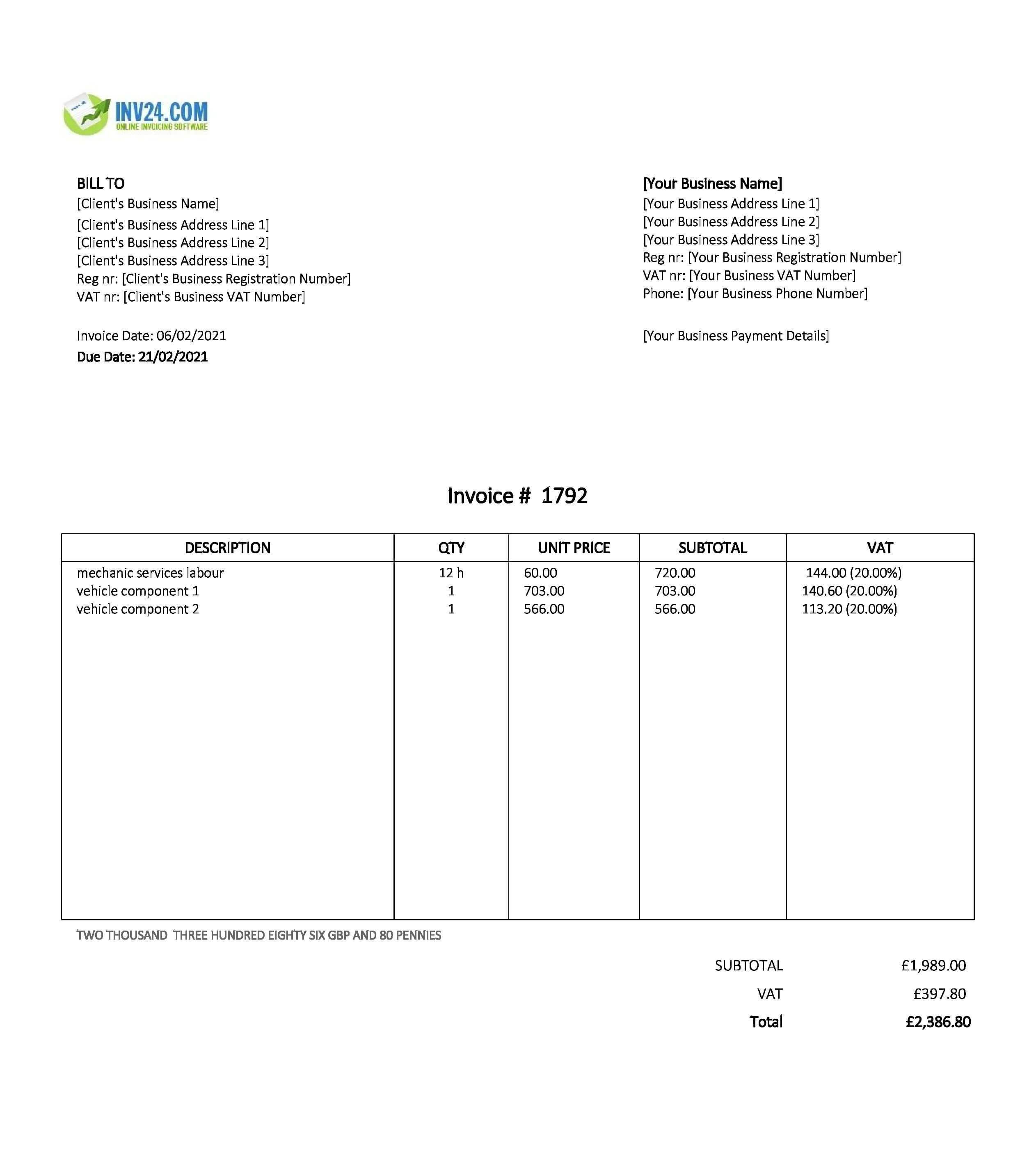 mechanic invoice template uk mechanic invoice template uk