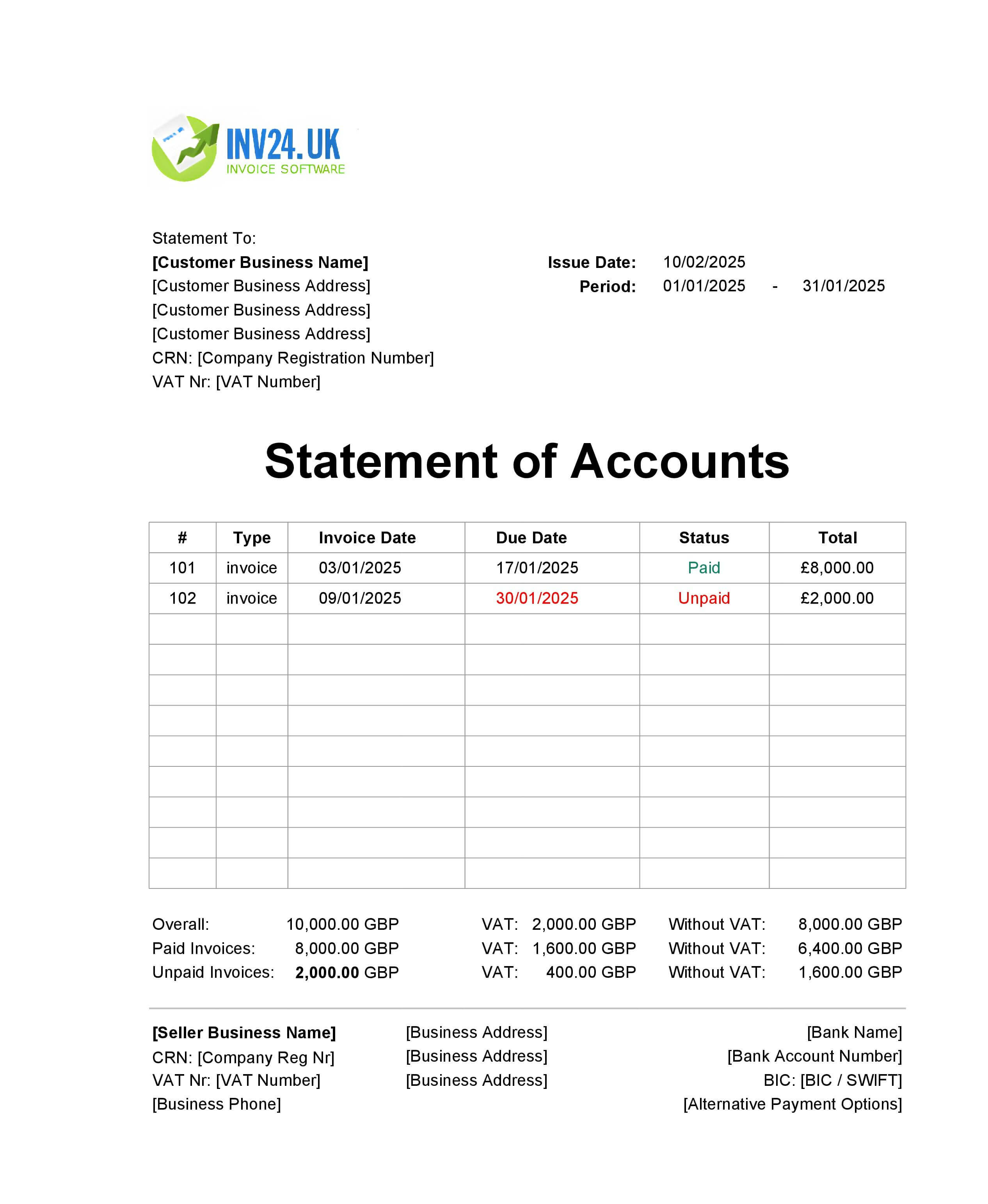 Monthly Statement of Accounts Template UK (Excel / Google Sheets)