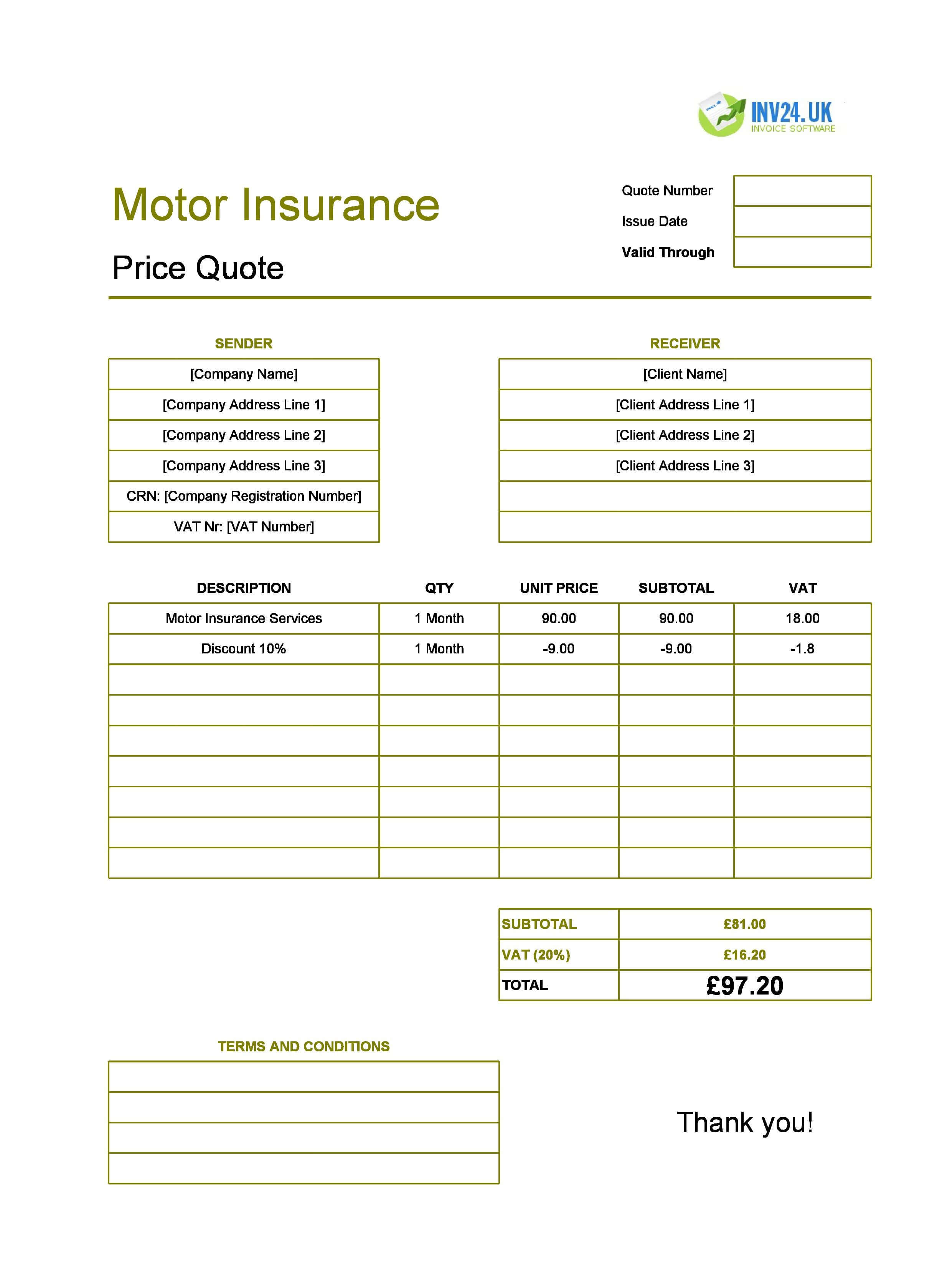 Motor Insurance Quote Template for UK (Excel / Google Sheets)