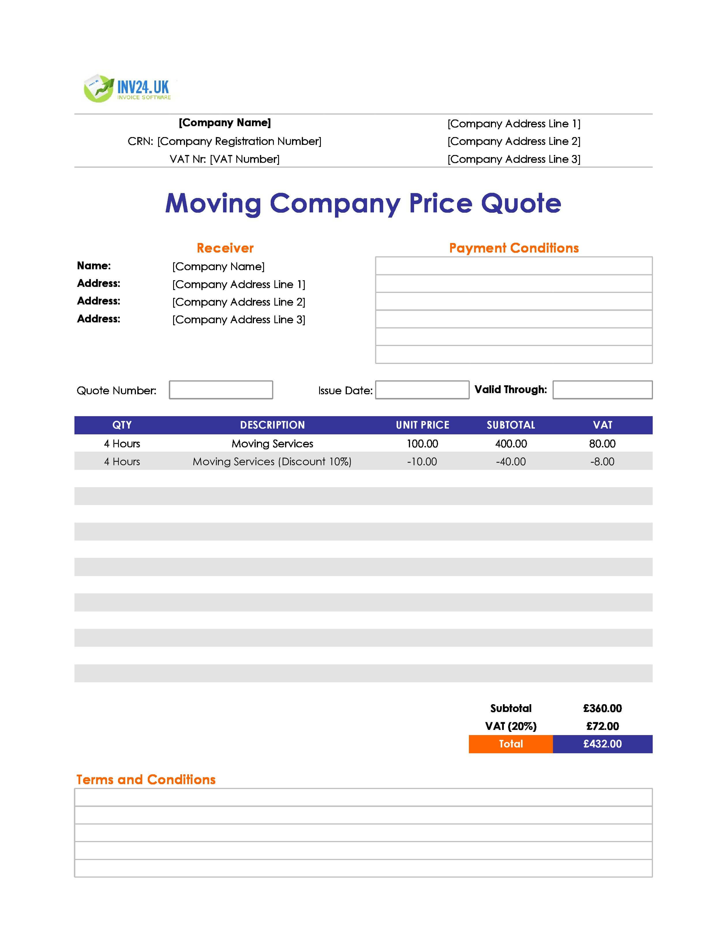 Moving Company Quote Template for UK (Excel / Google Sheets)