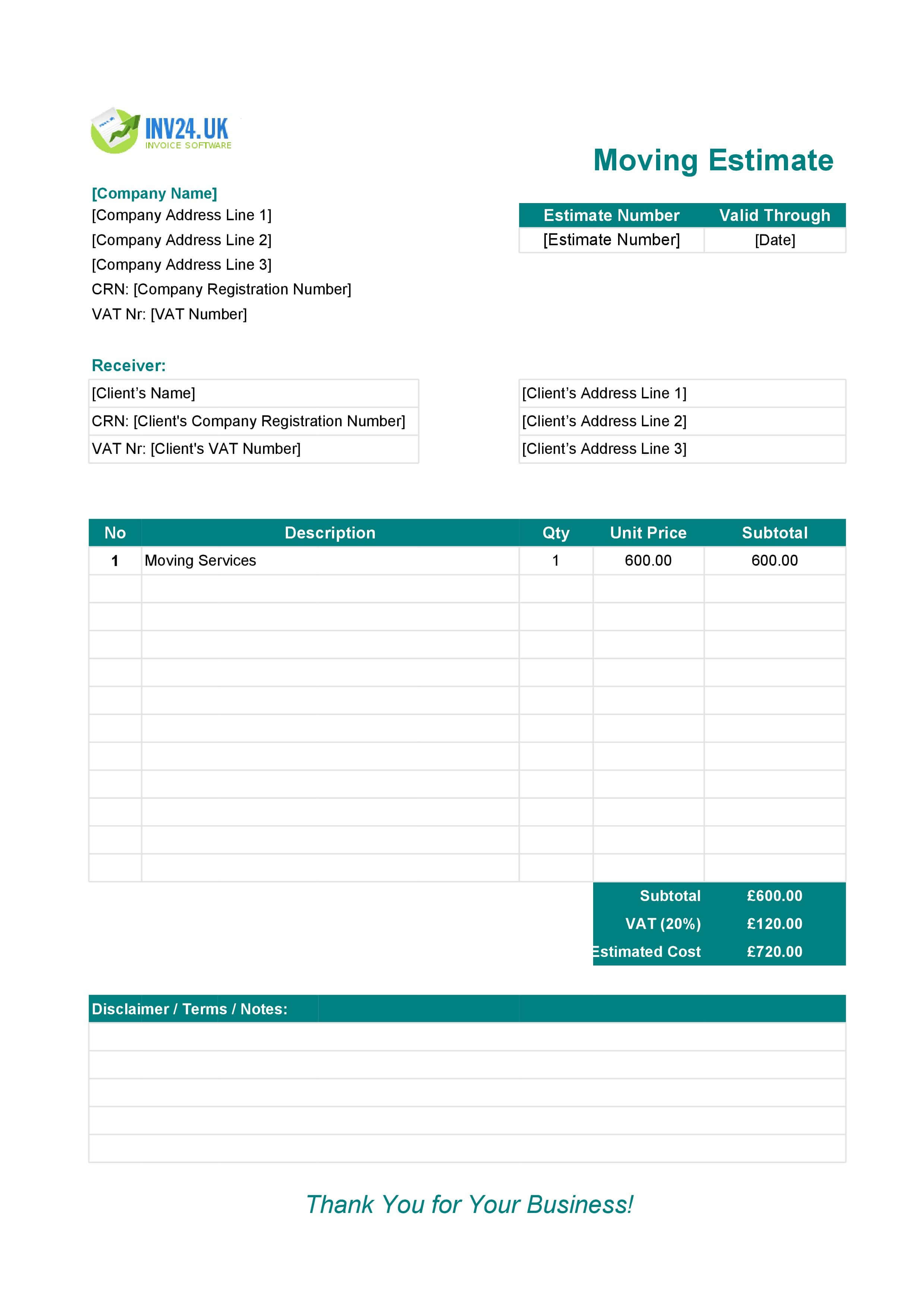 Moving Estimate Template for UK (Excel / Google Sheets)