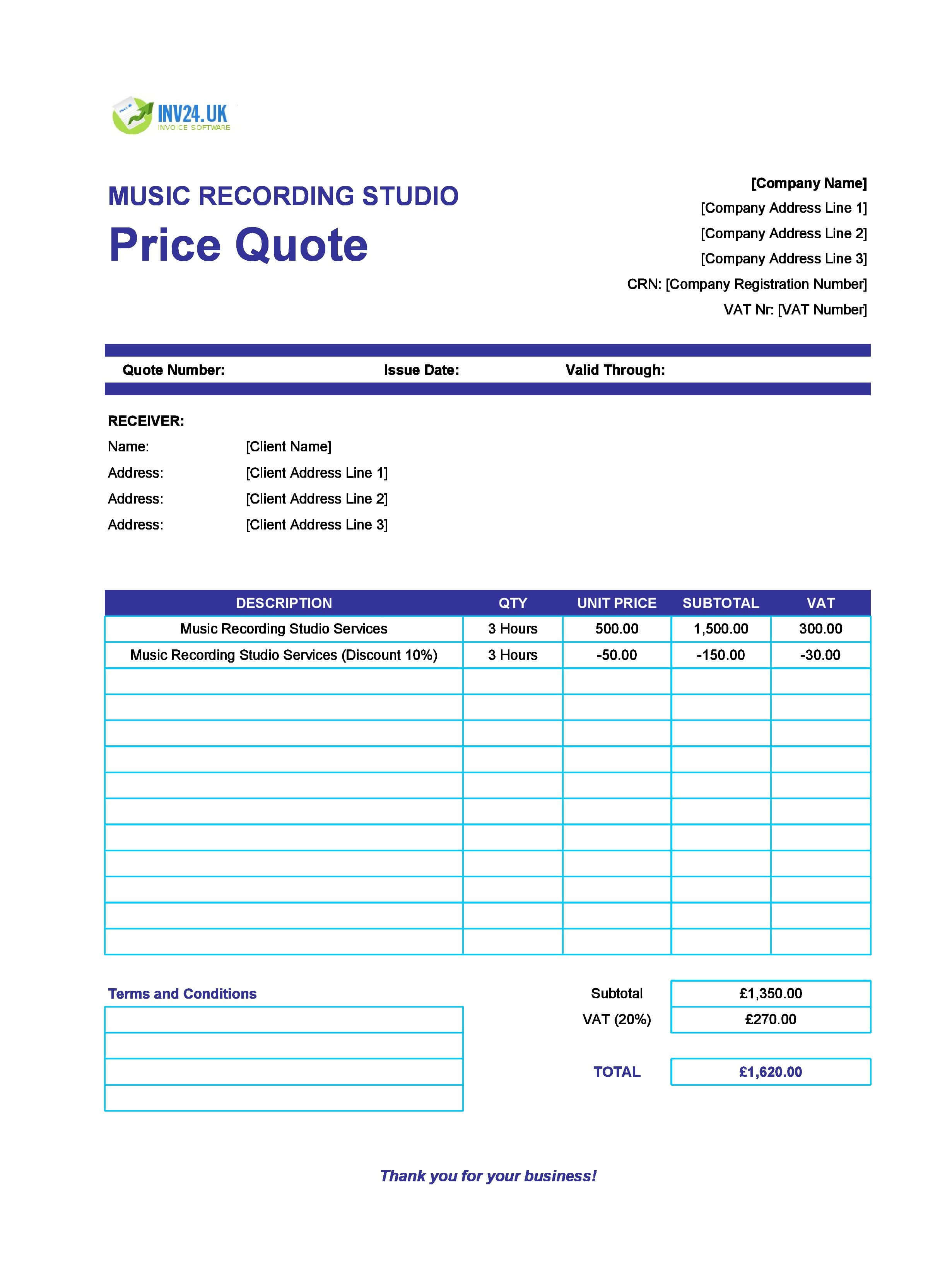 Music Recording Studio Quote Template for UK (Excel / Google Sheets)