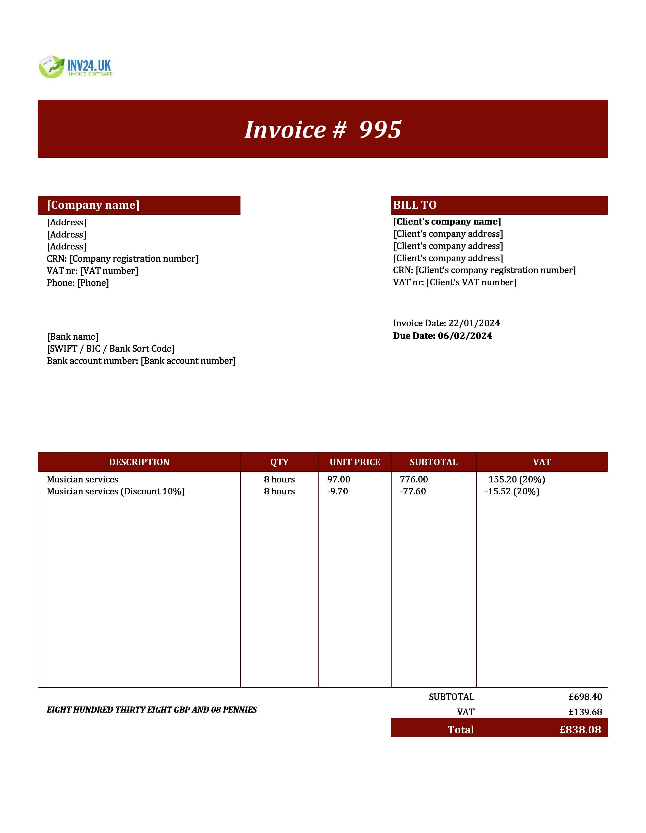 Musician Invoice Template UK (Excel / Google Sheets)
