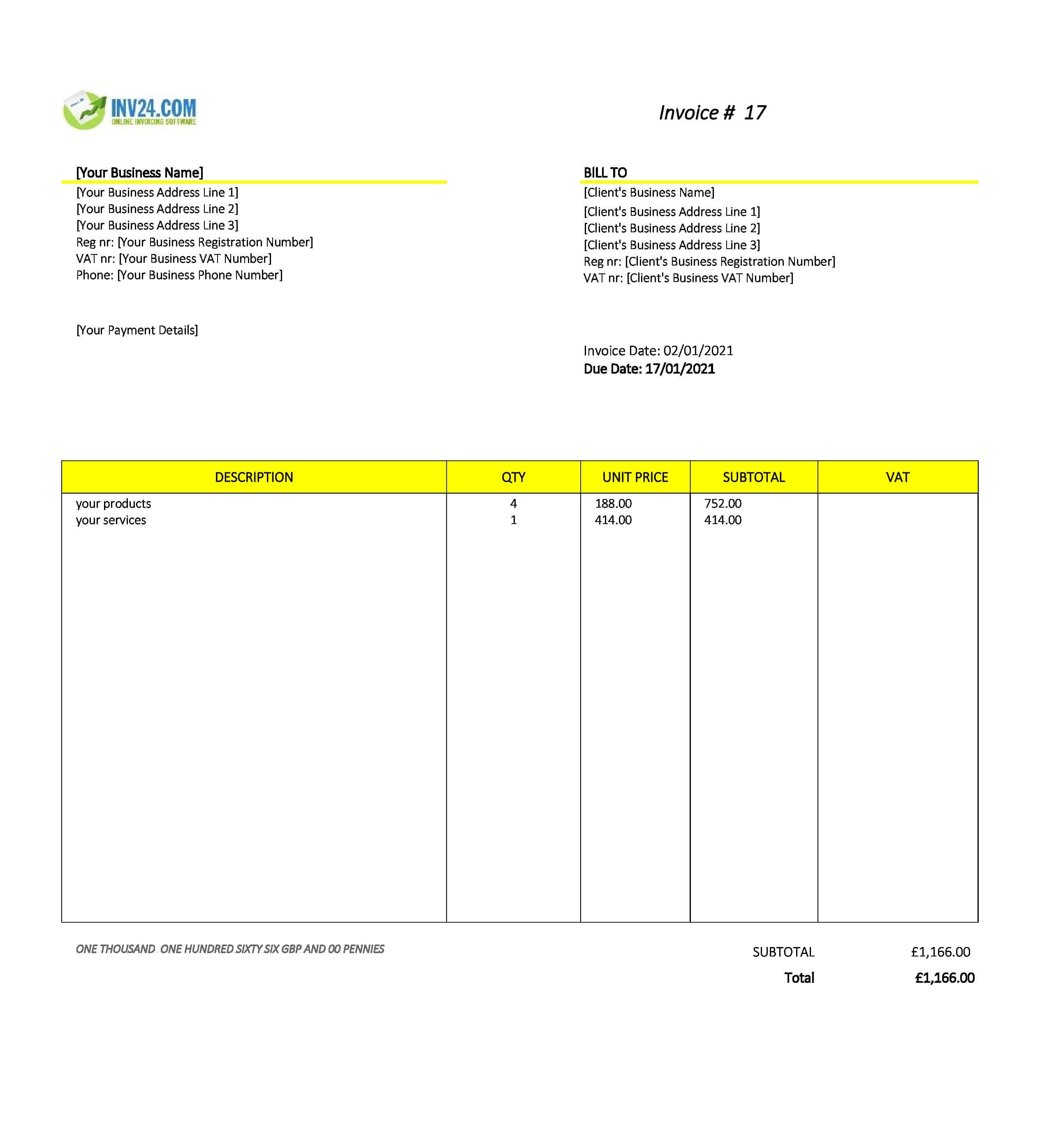 Non-VAT Invoice Template UK (Excel / Google Sheets)