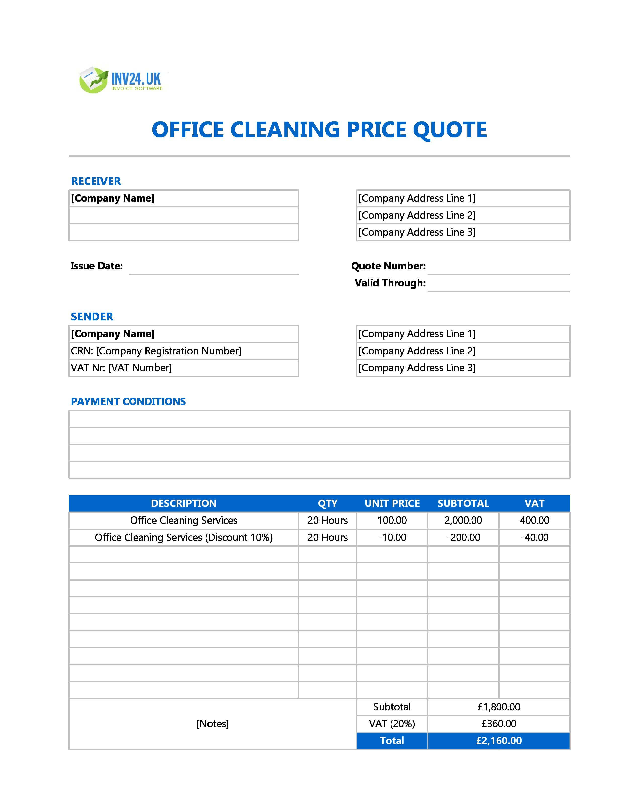 Office Cleaning Quote Template for UK (Excel / Google Sheets)