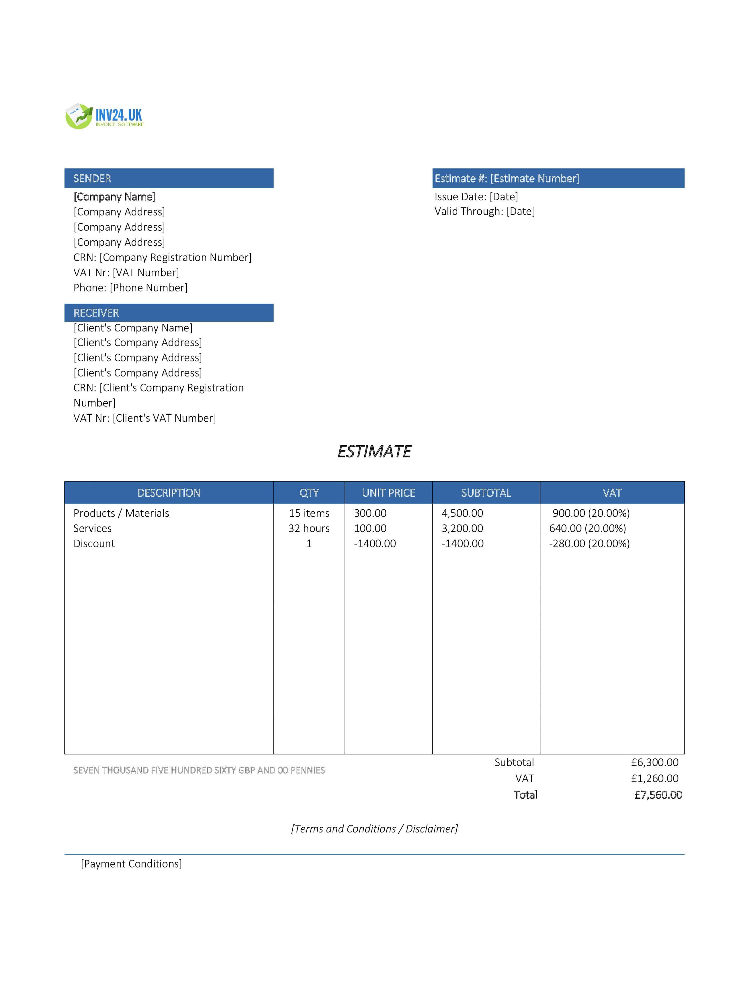 Online Estimate Template for UK (Excel / Google Sheets)