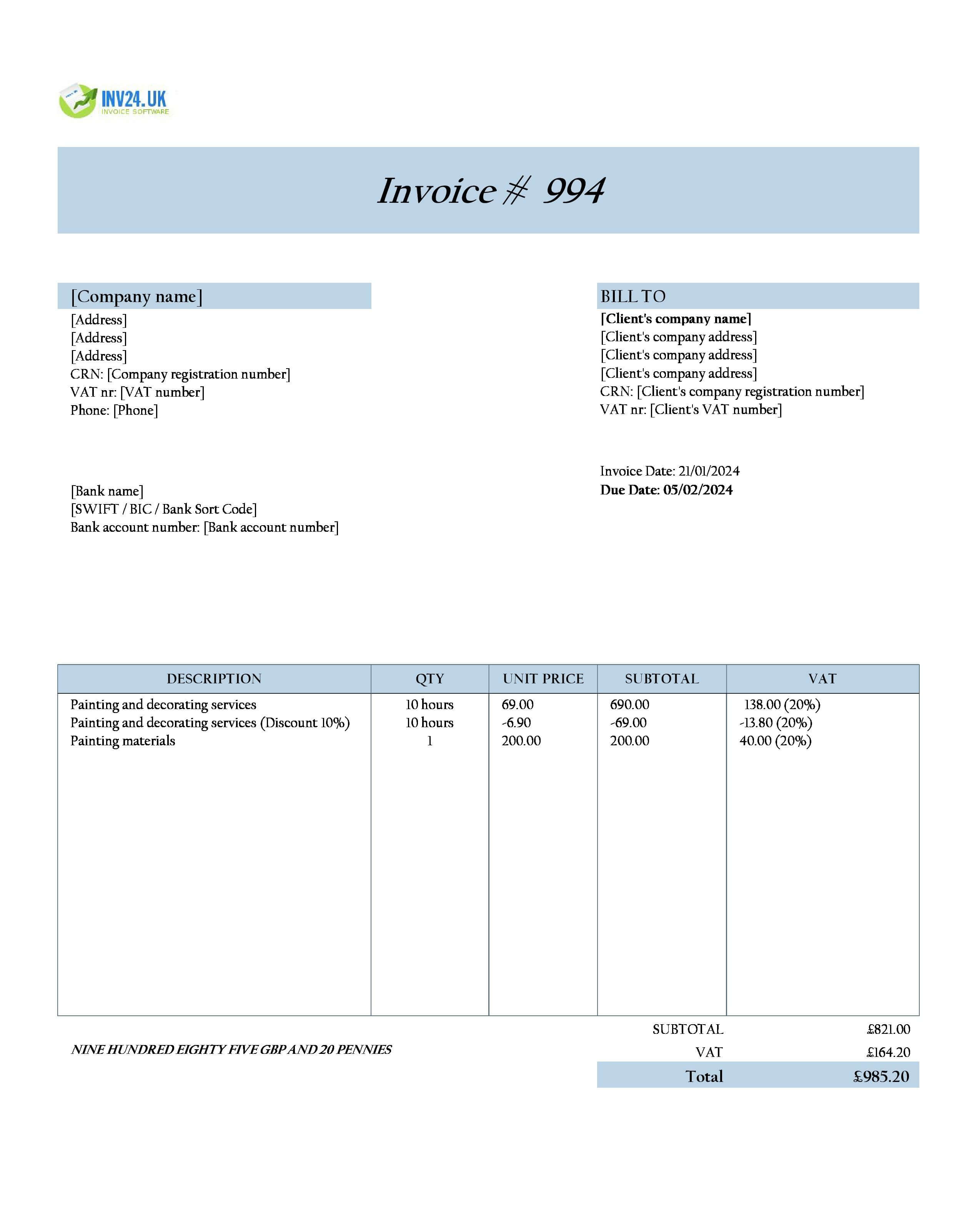 painting and decorating invoice example UK
