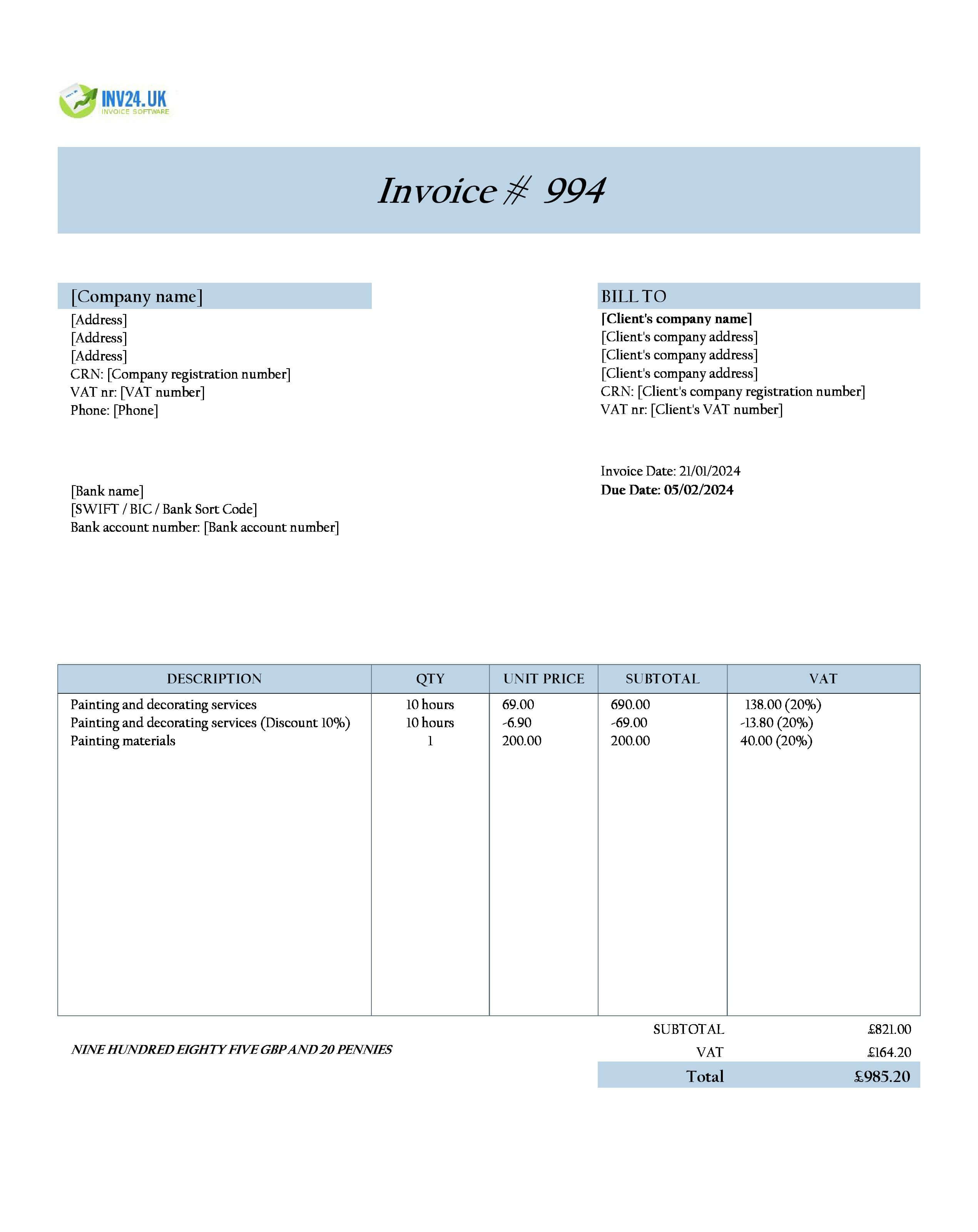 Painting and Decorating Invoice Example UK (Excel / Google Sheets)