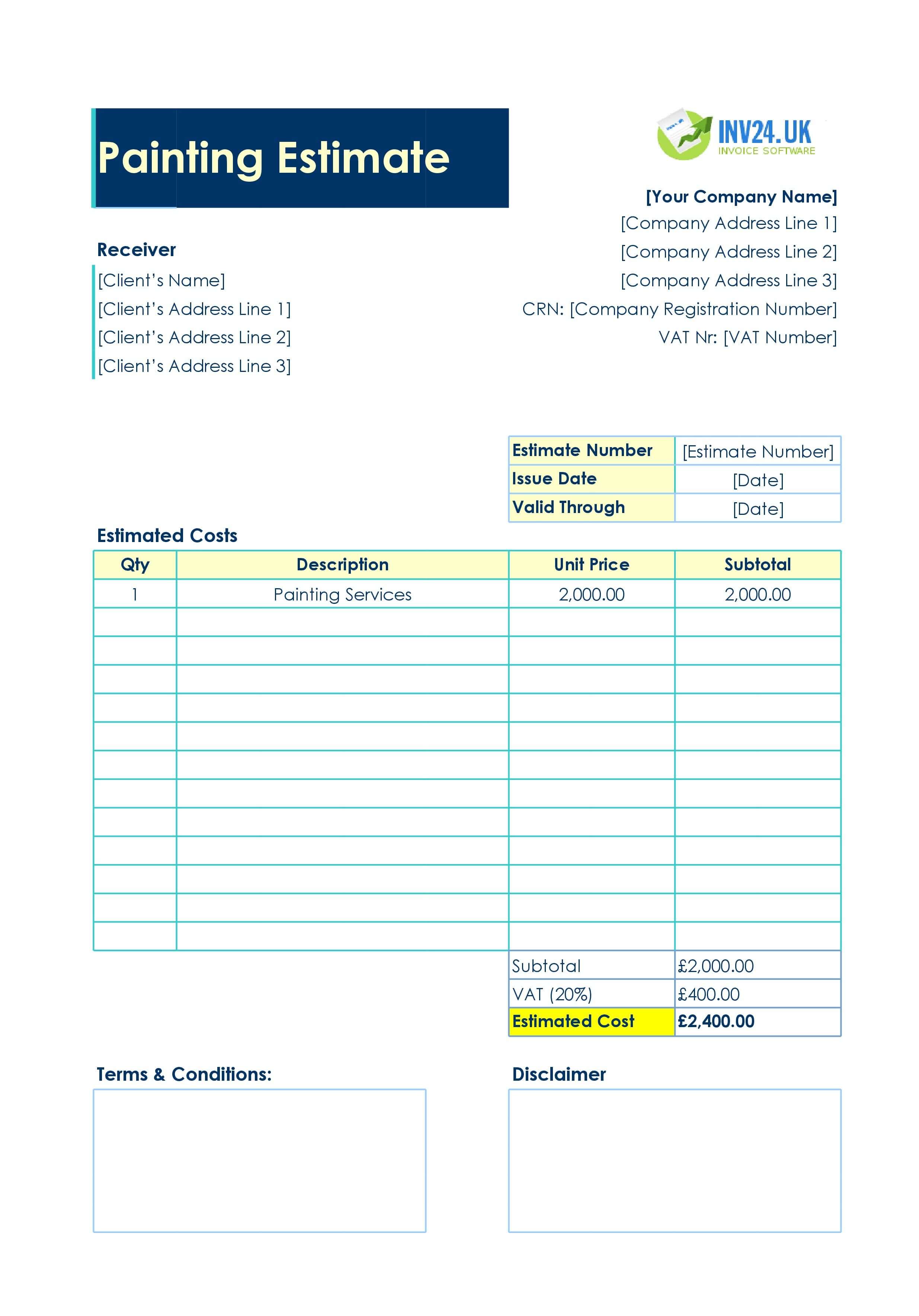 Painting Estimate Template for UK (Excel / Google Sheets)